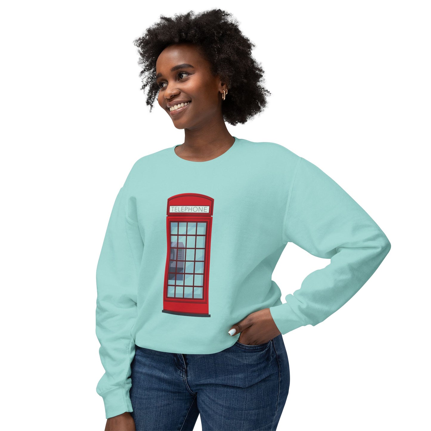 Unisex Lightweight Crewneck Sweatshirt - Iconic British Public Telephone - Classic Red Phone Box Design