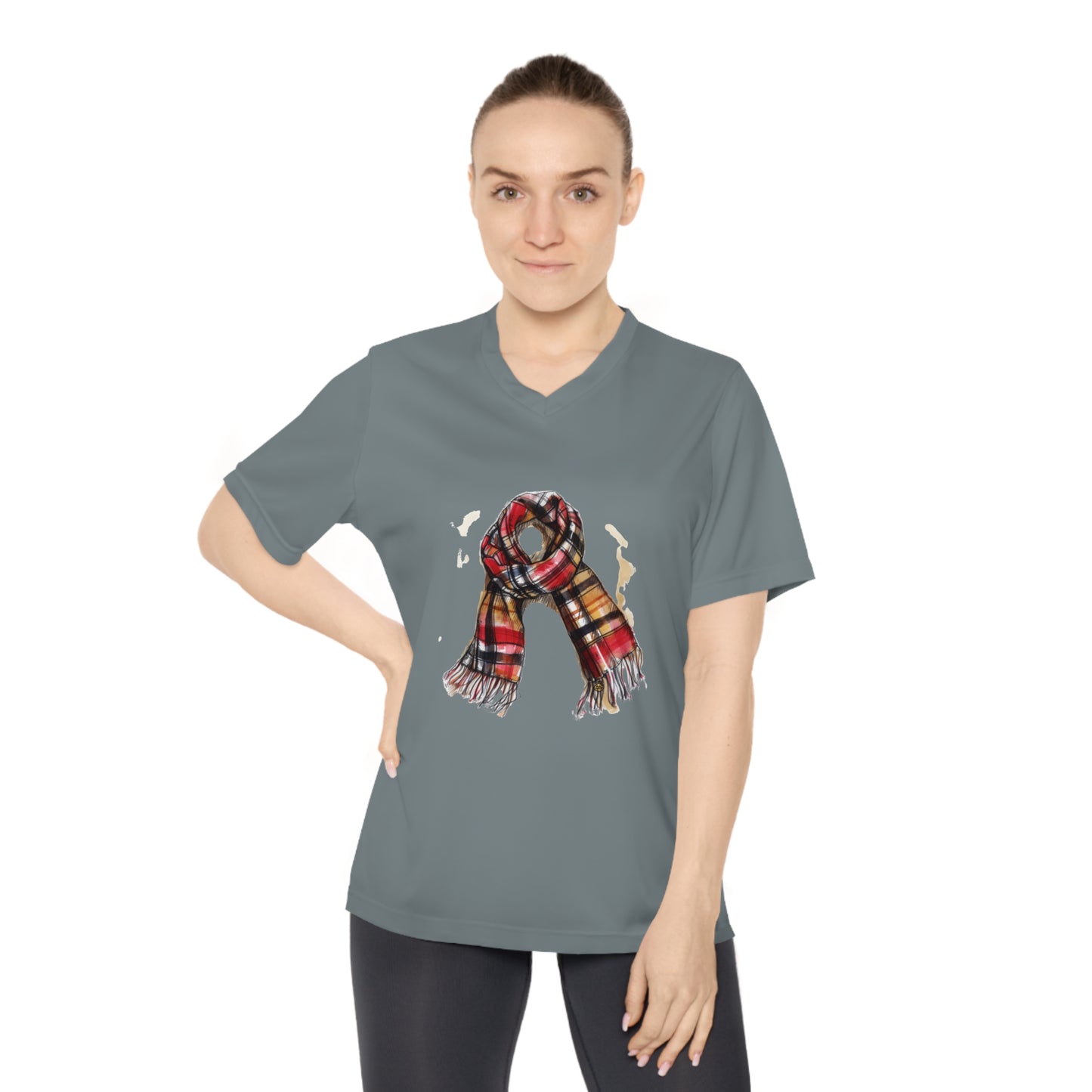 Women's Performance V-Neck T-Shirt - Perfect for Fall & Winter - Cozy Plaid Scarf - Timeless Style and Classic Elegance