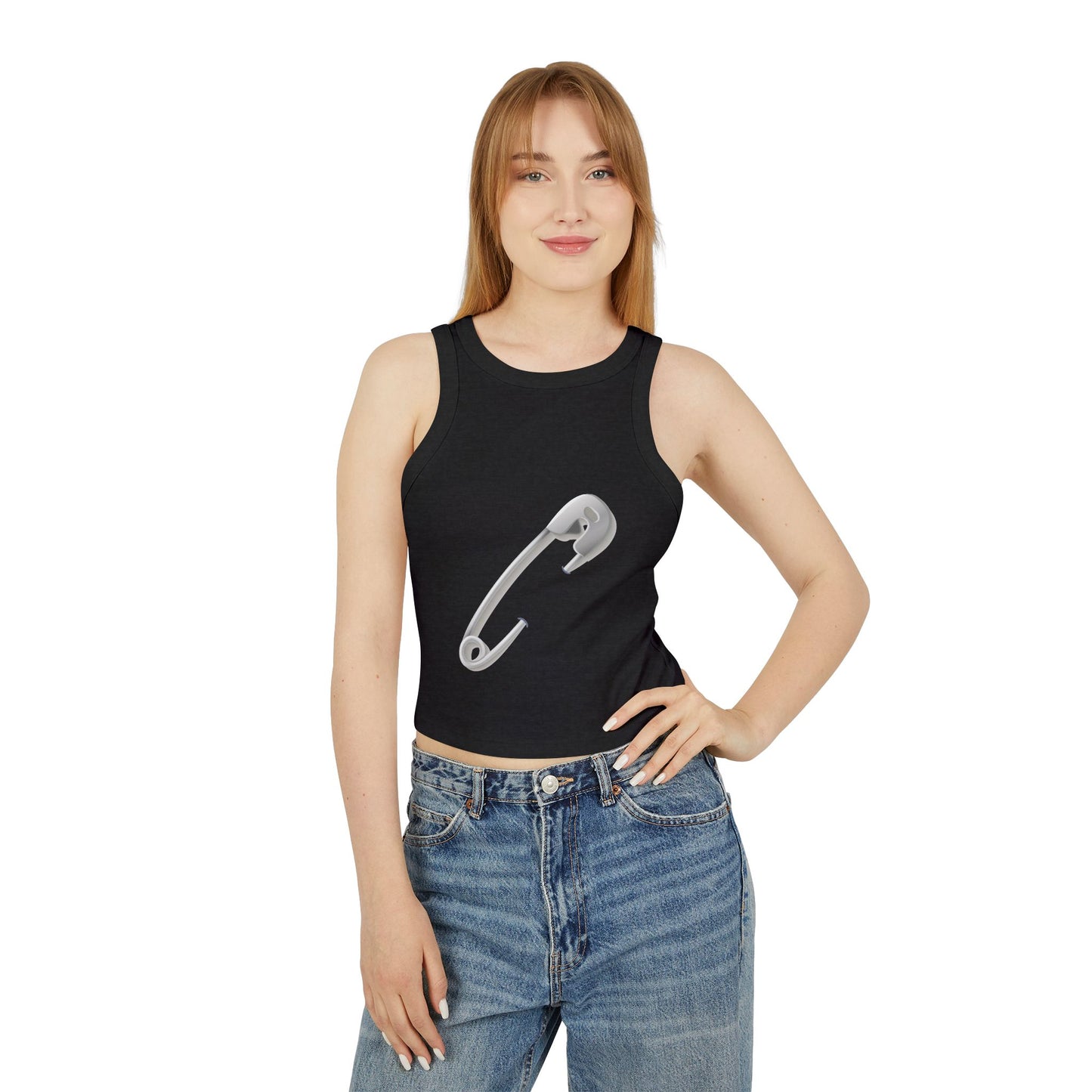 Women's Micro Rib Racer Tank Top - Minimalist Safety Pin Design