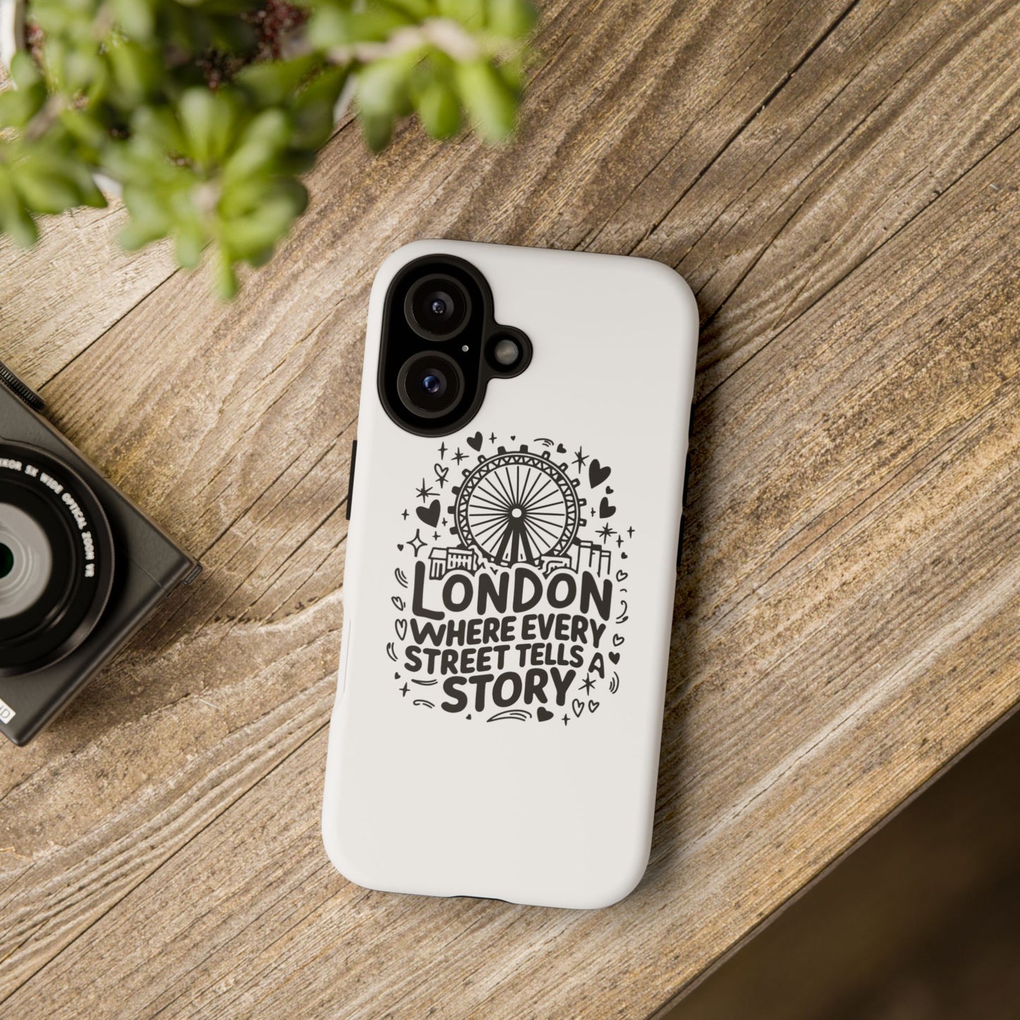 London Story Phone Case, Tough iPhone Cover, Gift for Travelers, London Souvenir, Black Typography Design