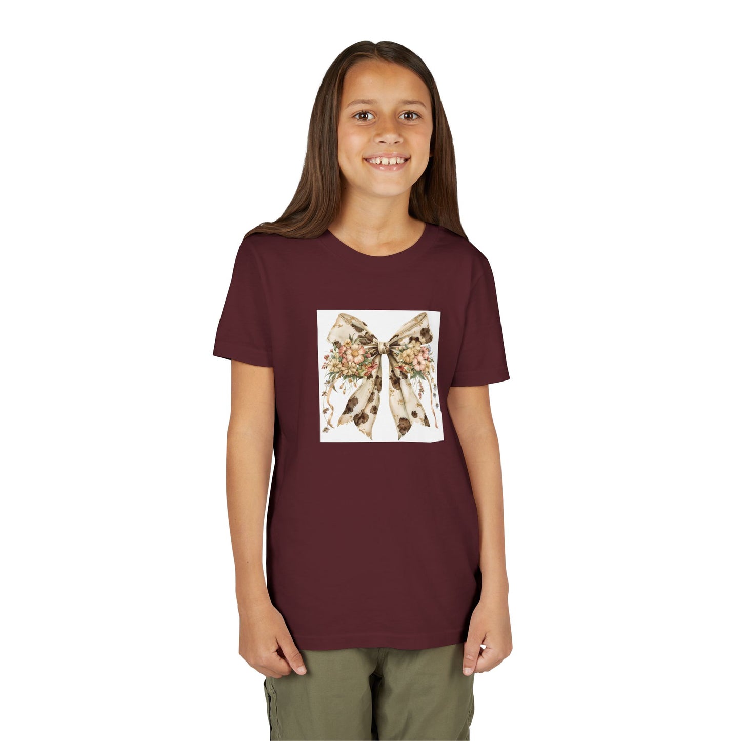 Youth Short Sleeve Tee - Rustic Country Bow with Daisy Flowers and Cow Spots - Stylish Gift for Kids