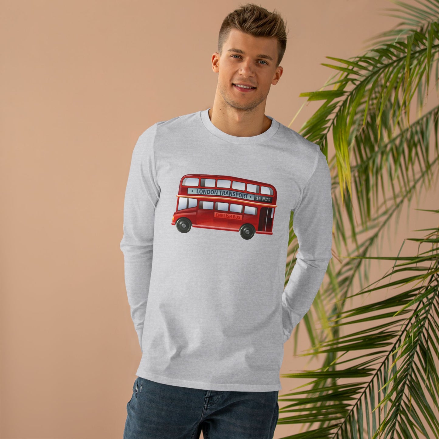 Men’s Base Longsleeve Tee - London Transport English Bus - Iconic Red Double-Decker