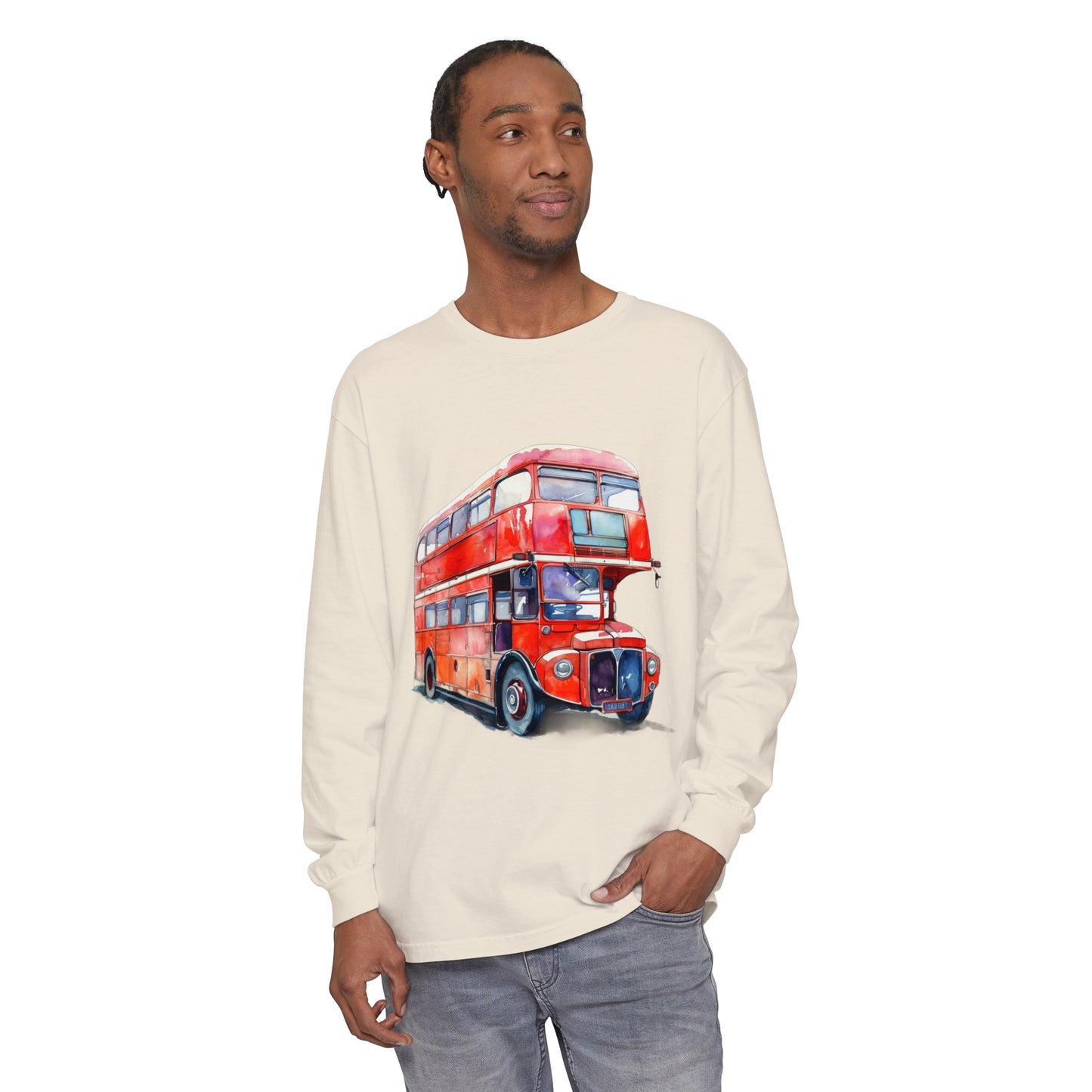 Unisex Garment-dyed Long Sleeve T-Shirt - London Transport English Bus - Iconic Red Double-Decker