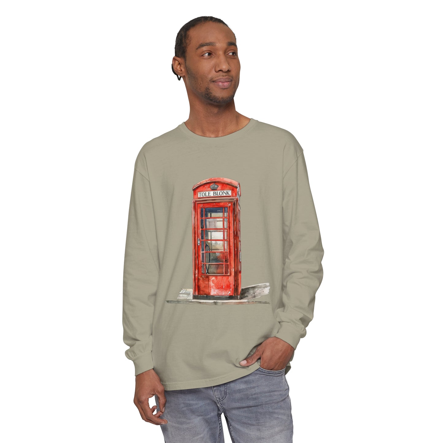 Unisex Garment-dyed Long Sleeve T-Shirt - Iconic British Public Telephone - Classic Red Phone Box