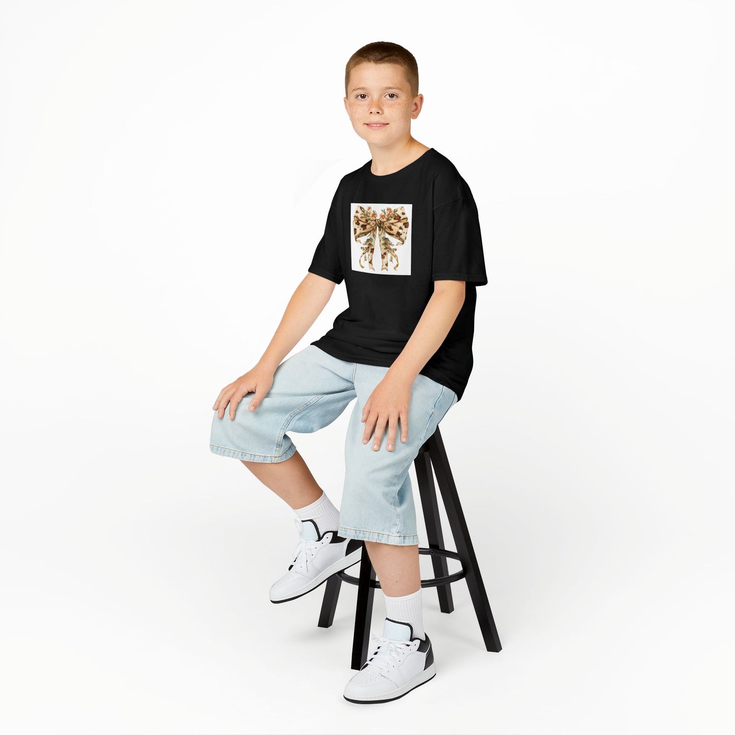 Kids Tee - Boho Western Bow with Flowers and Cow Pattern - Adorable Heavy Cotton T-Shirt for Little Fashionistas