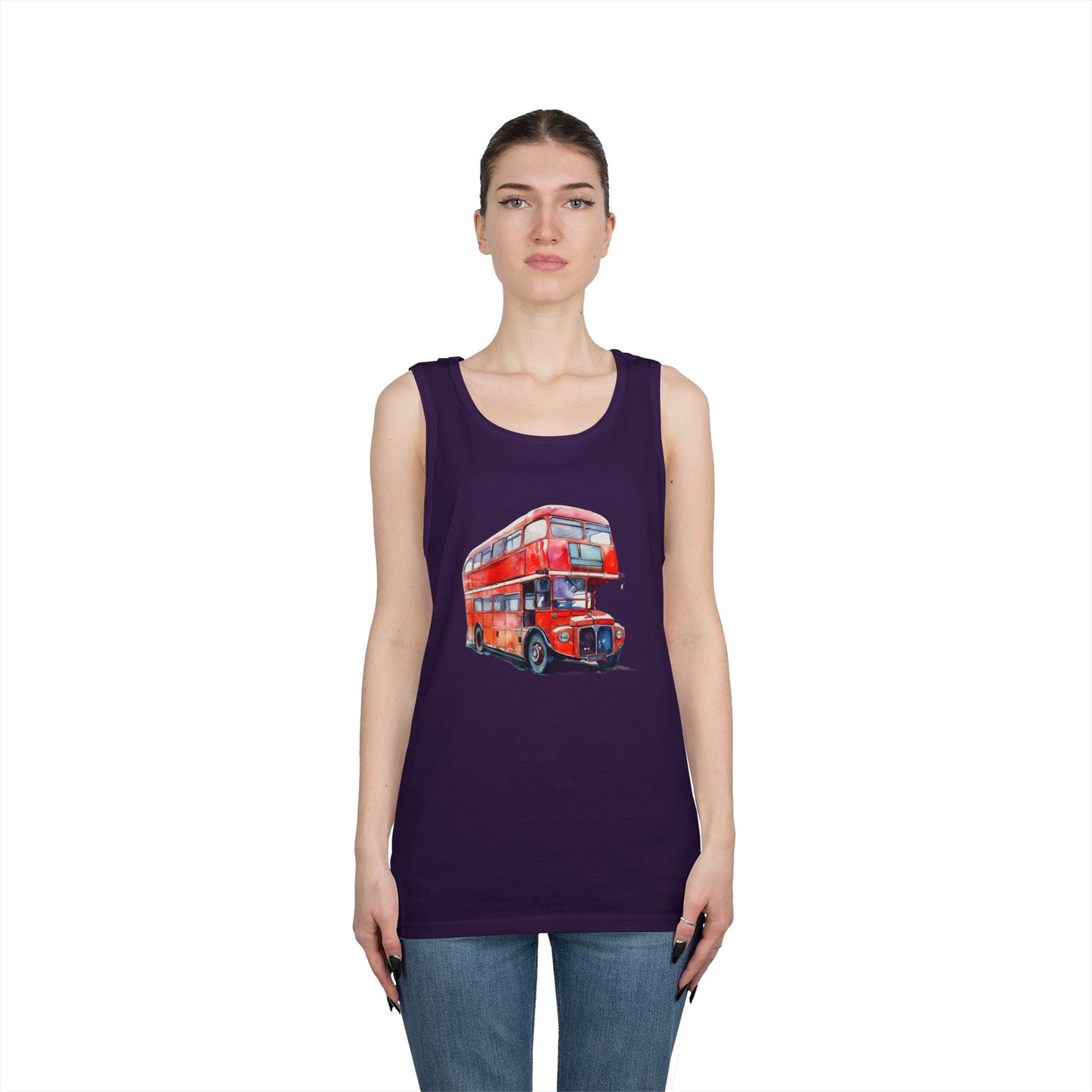 Unisex Heavy Cotton Tank Top - British Red Bus Watercolor Design