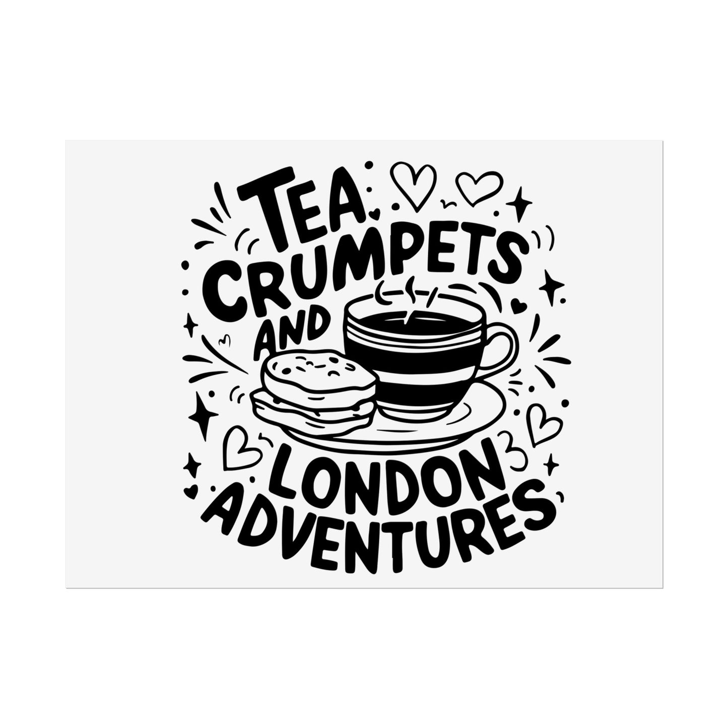 London Adventure Tea Crumpet Rolled Poster, Cute Wall Art, Gift for Tea Lovers, Home Decor, Travel Enthusiasts