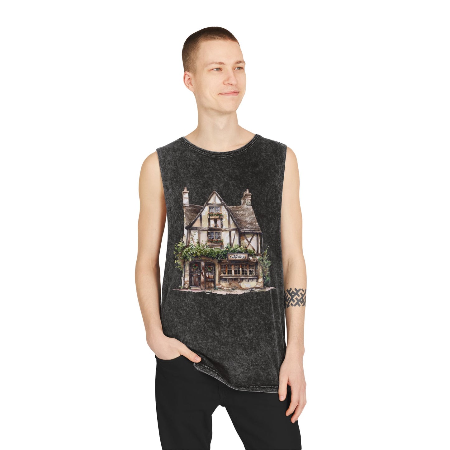 Unisex Stonewash Tank Top - Charming British House - Classic Design and Warmth