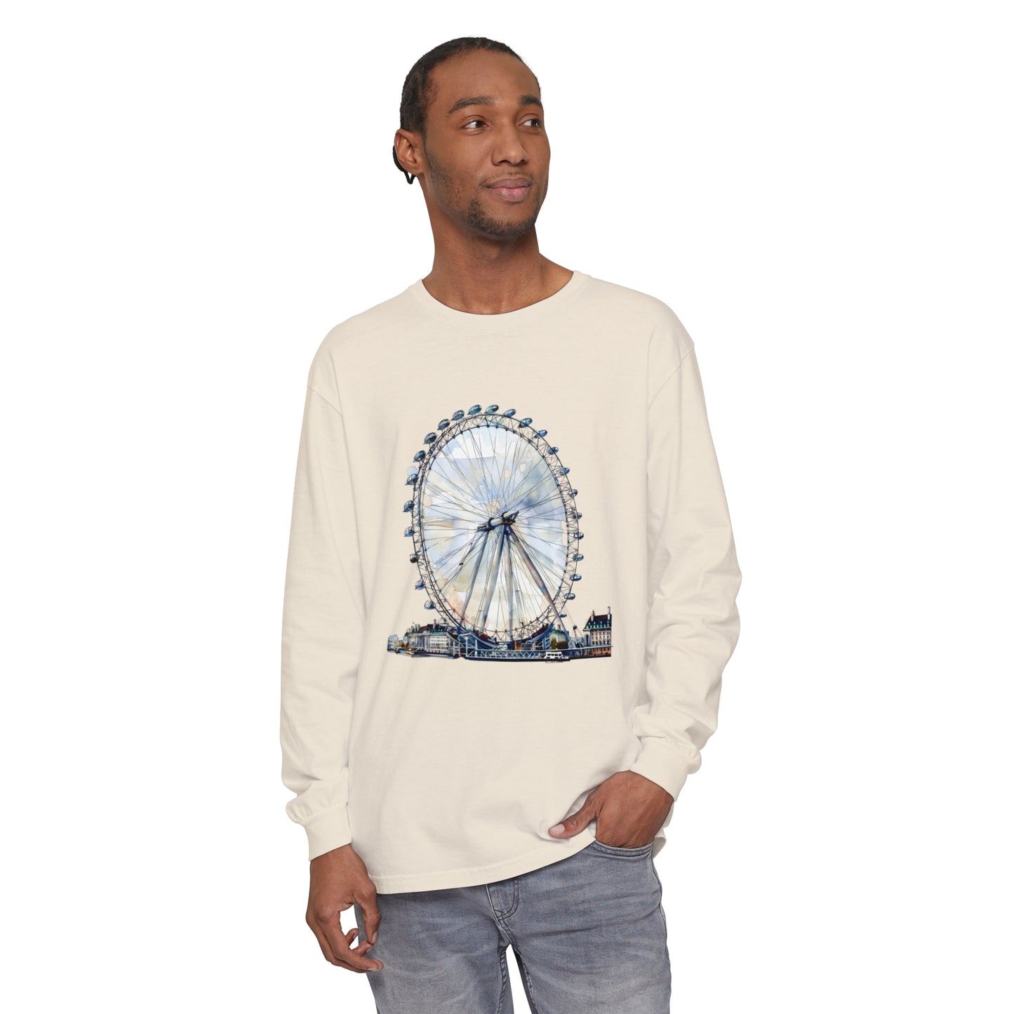 Unisex Garment-dyed Long Sleeve T-Shirt - London Eye - Iconic Ferris Wheel
