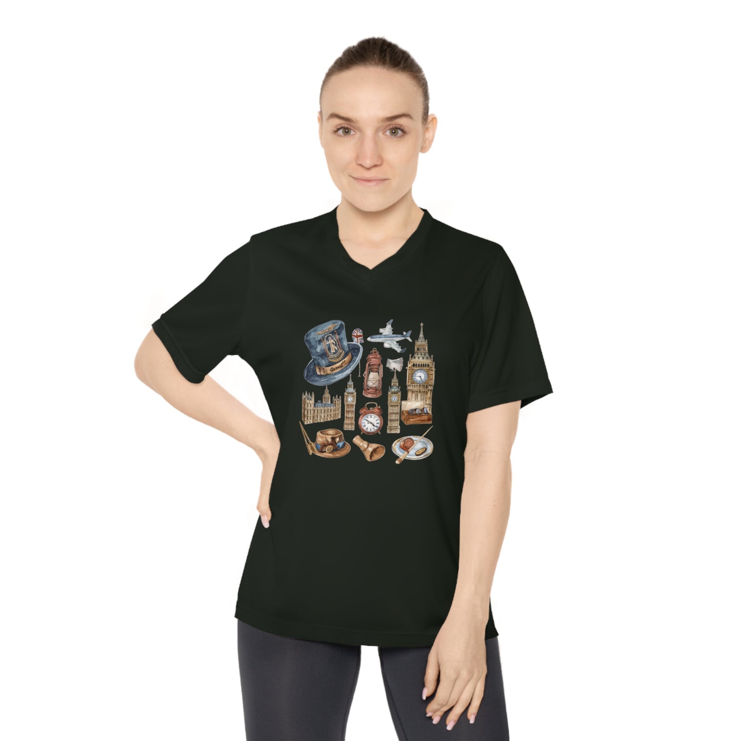 Women Performance V-Neck T-Shirt - Watercolor England Icons Wall Art