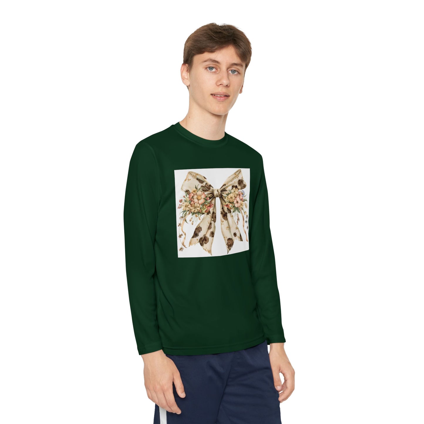 Youth Long Sleeve Tee - Rustic Country Bow with Daisy Flowers and Cow Spots - Stylish and Comfortable