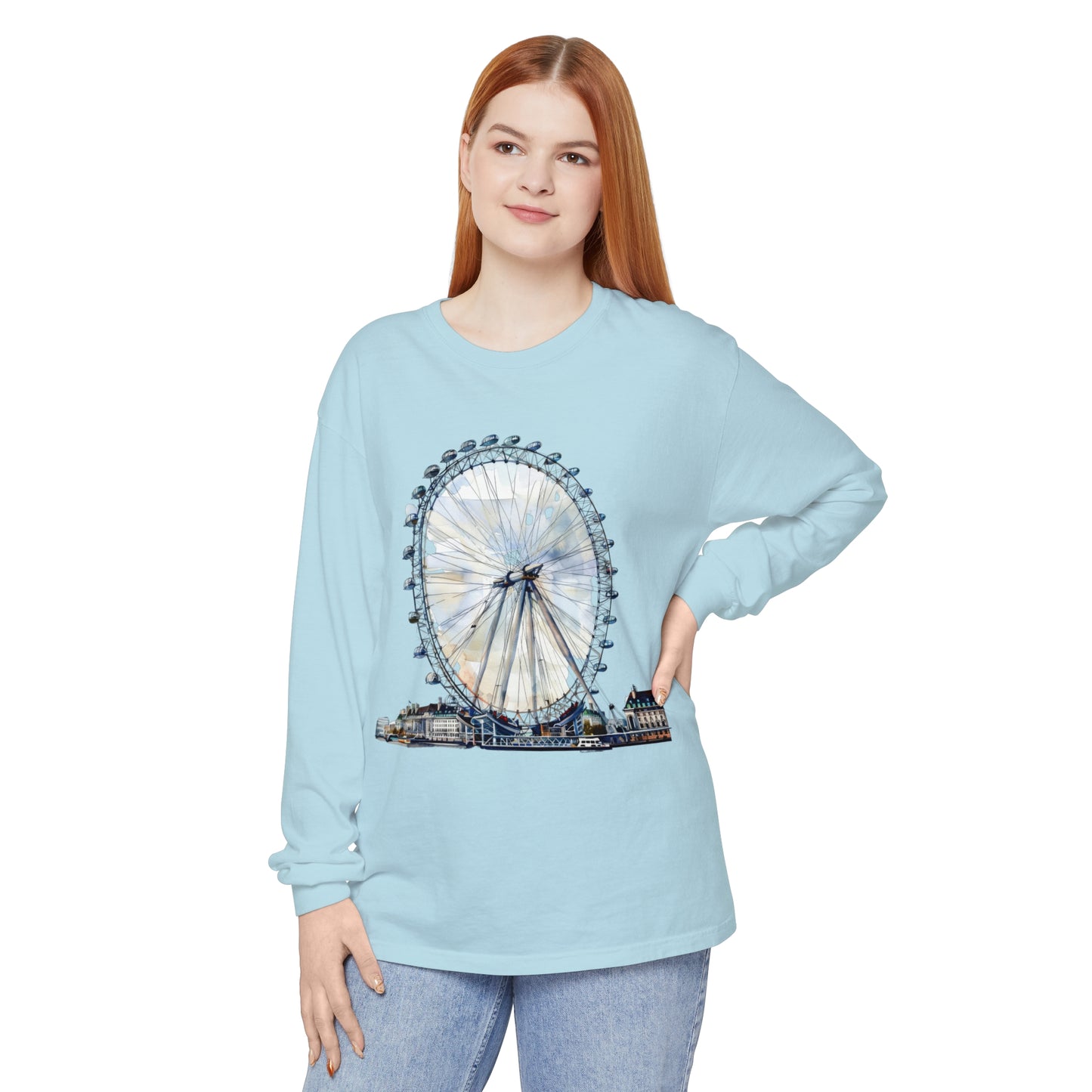 Unisex Garment-dyed Long Sleeve T-Shirt - London Eye - Iconic Ferris Wheel Watercolor Art