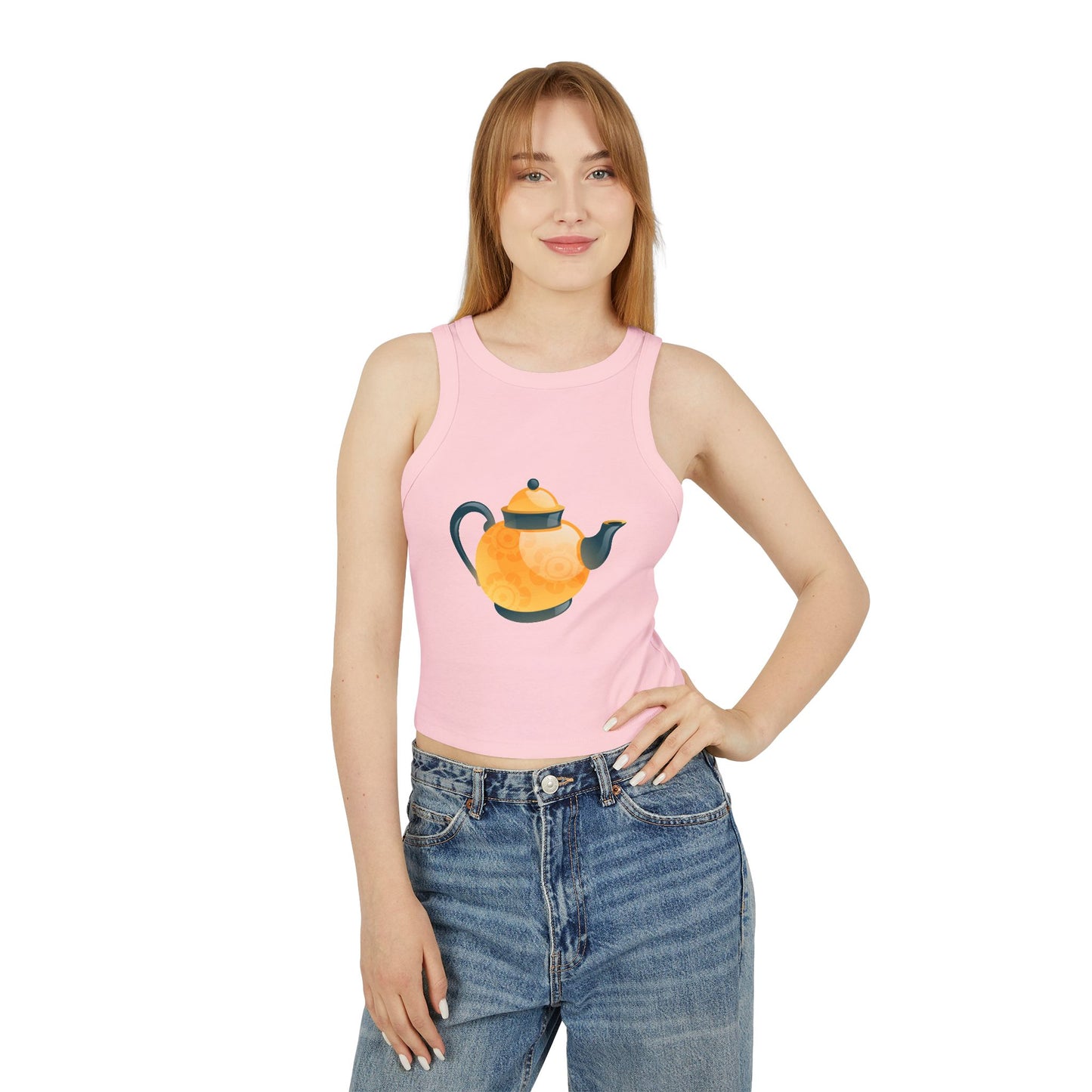 Women's Micro Rib Racer Tank Top - Classic British Tea Kettle - Timeless Elegance in Tea Time