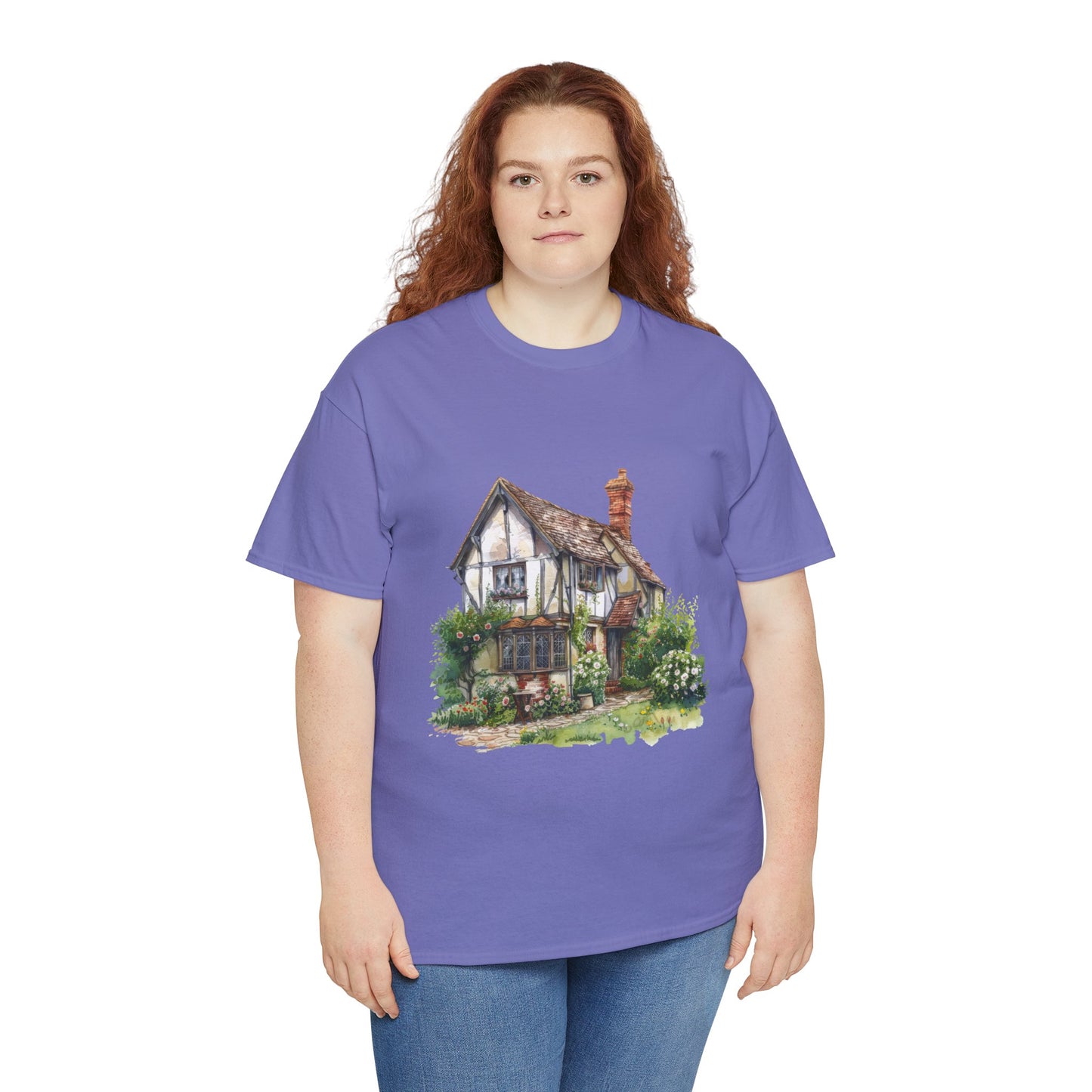 Unisex Heavy Cotton Tee - Countryside Charm - The Classic British Village House