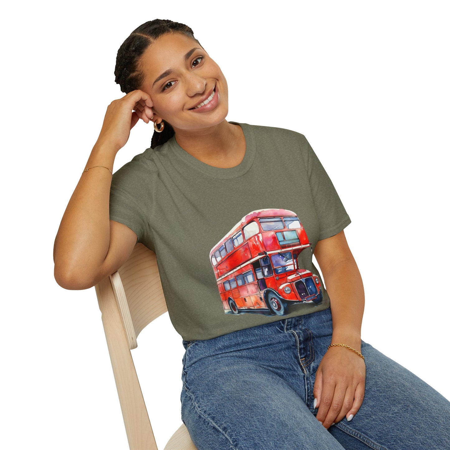 Unisex Softstyle T-Shirt - London Transport English Bus - Iconic Red Double-Decker