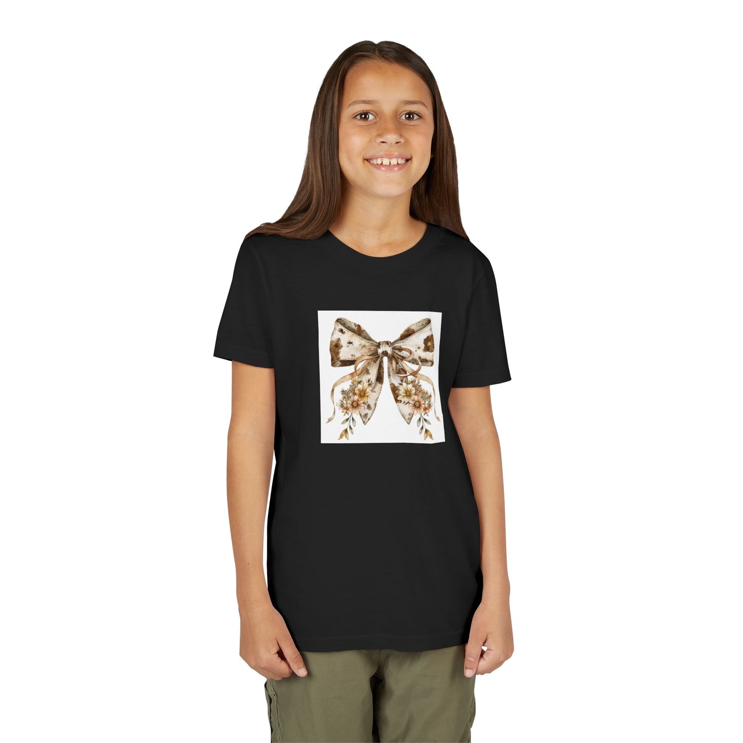 Youth Short Sleeve Tee - Boho Western Bow with Flowers and Cow Pattern - Cute & Comfortable for Everyday Wear