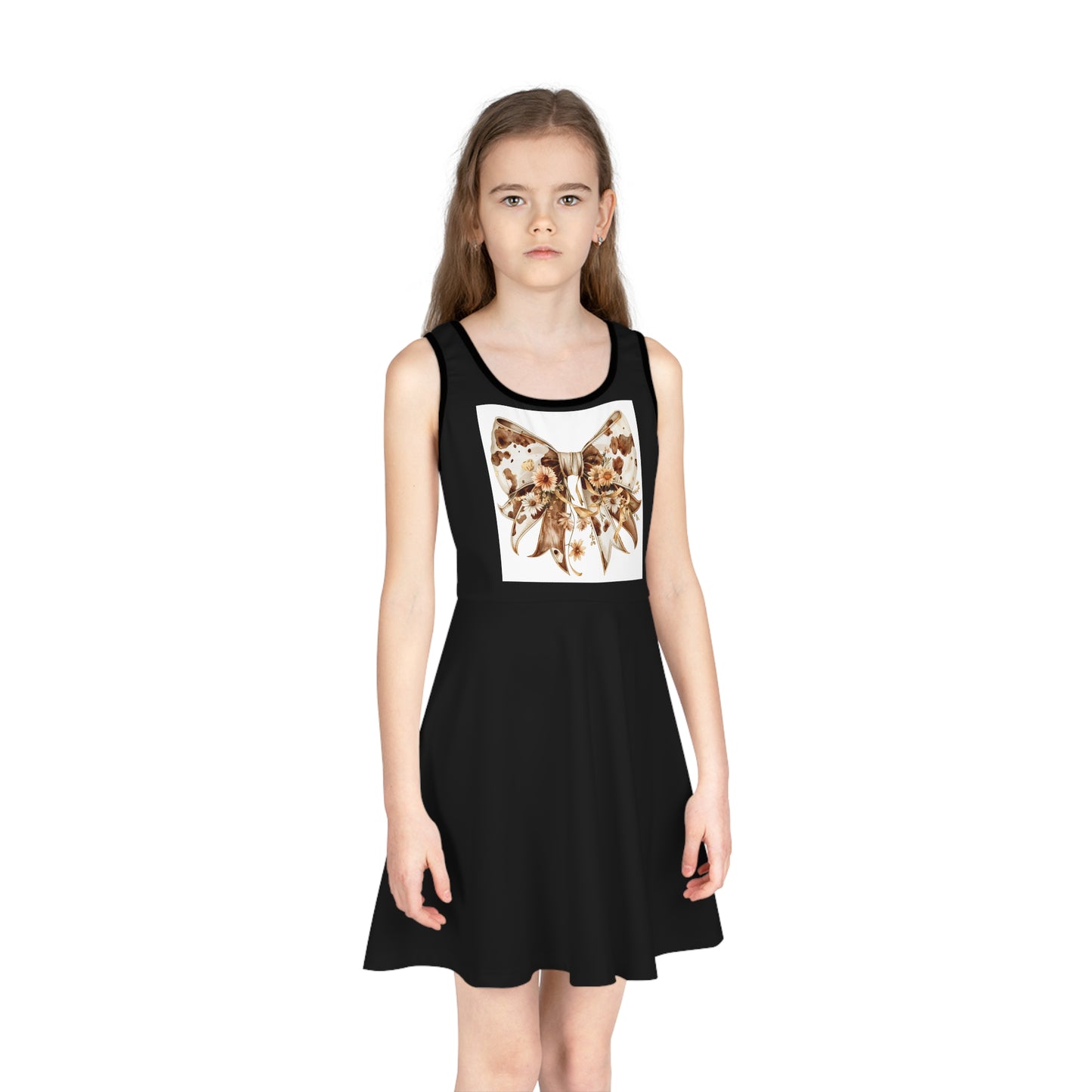 Girls' Sleeveless Sundress with Elegant Bow Design - Rustic Floral Cowhide Bow Illustration - Perfect for Summer Outings & Special Occasions