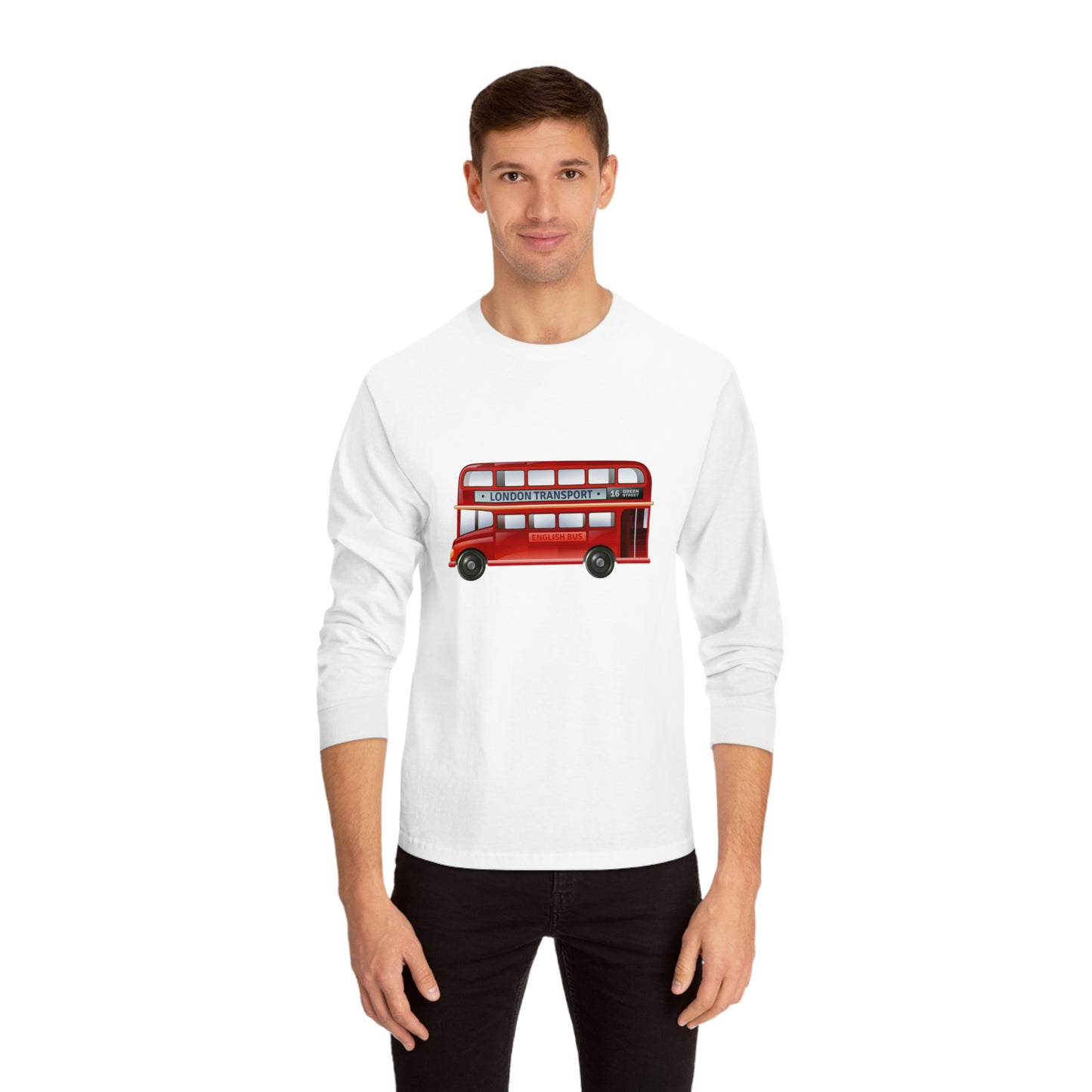 Unisex Classic Long Sleeve T-Shirt - London Transport English Bus - Iconic Red Double-Decker