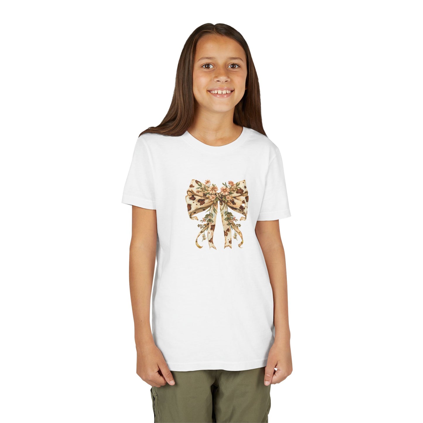 Youth Tee - Country Style Cow Print Bow with Wildflowers - Cute Kids Short Sleeve Shirt