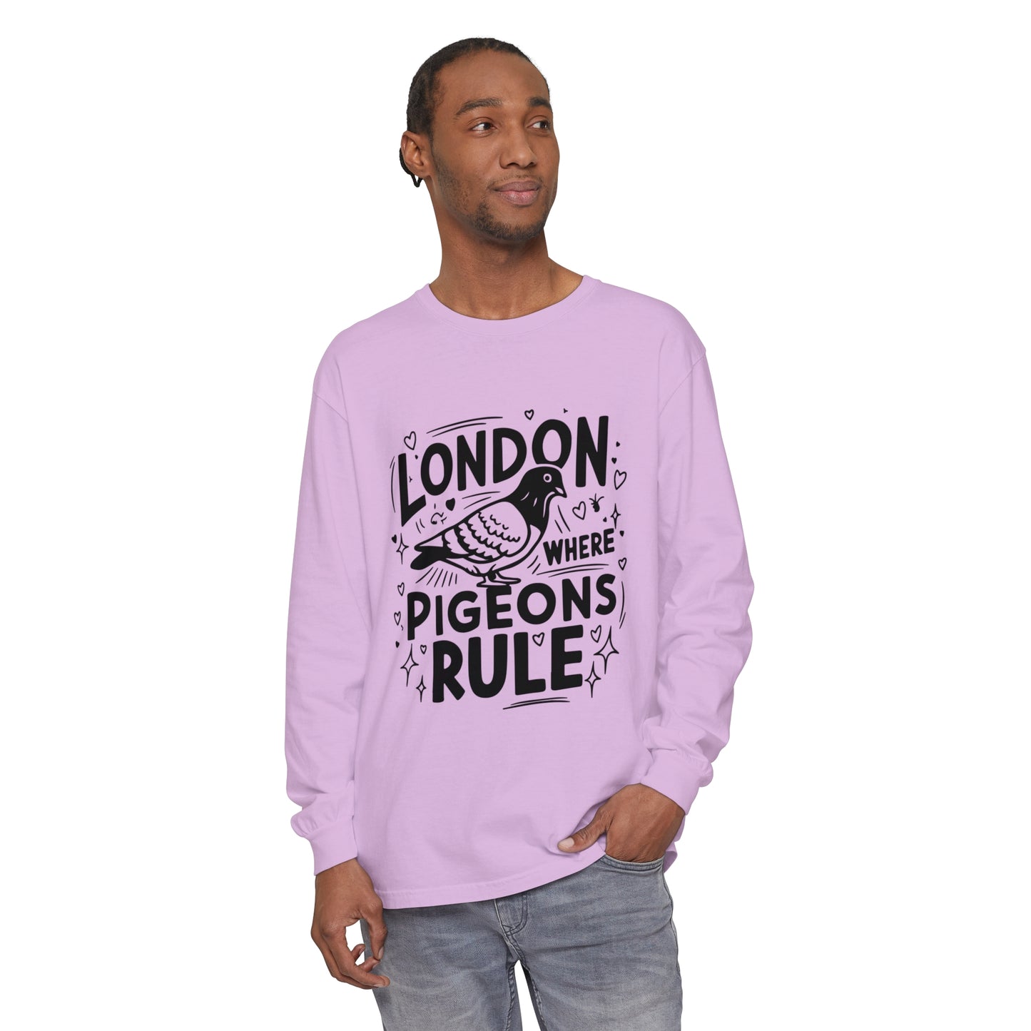 Unisex Garment-dyed Long Sleeve T-Shirt - London where Pigeons Rule