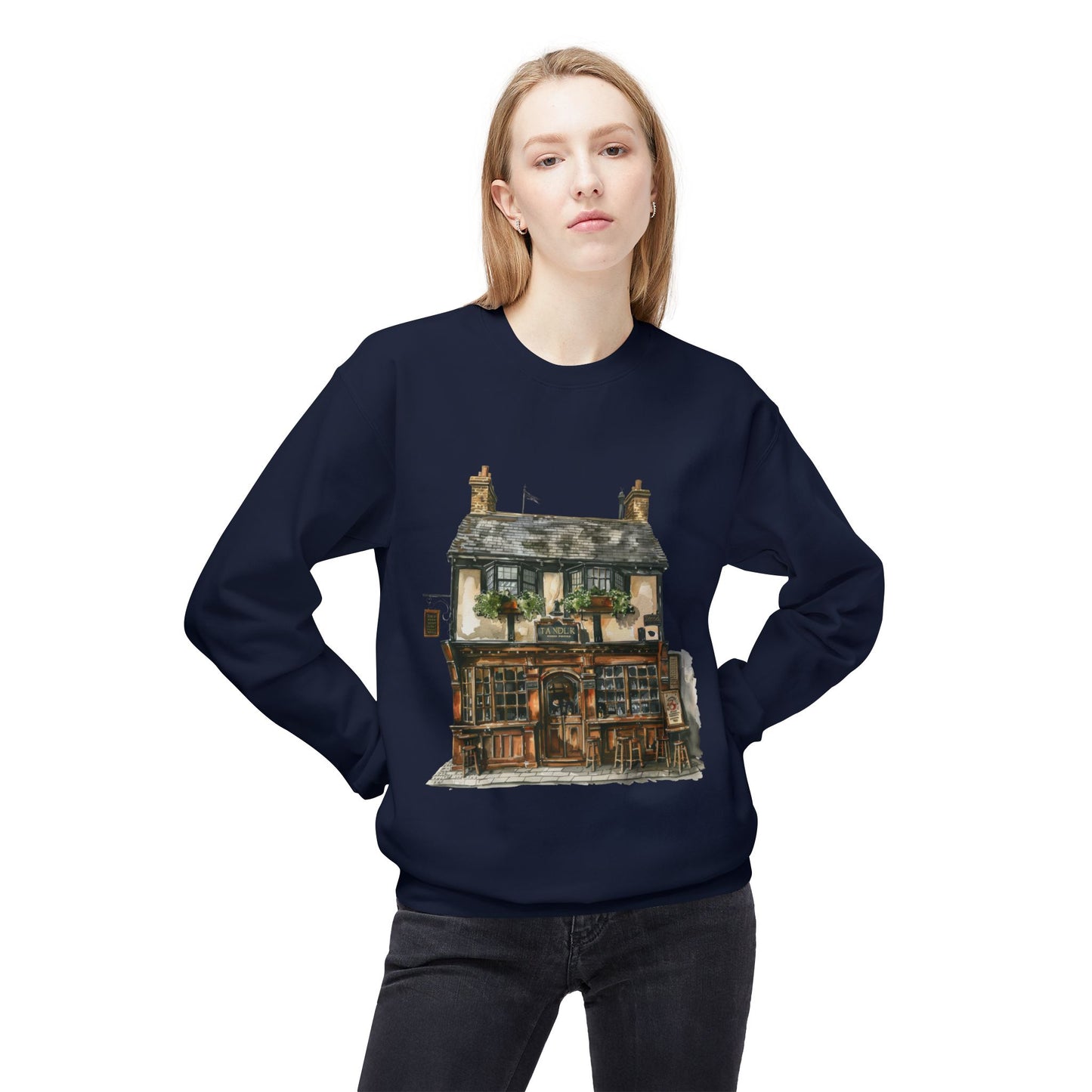 Unisex Midweight Softstyle Fleece Crewneck Sweatshirt -Countryside Charm - The Classic British Village House