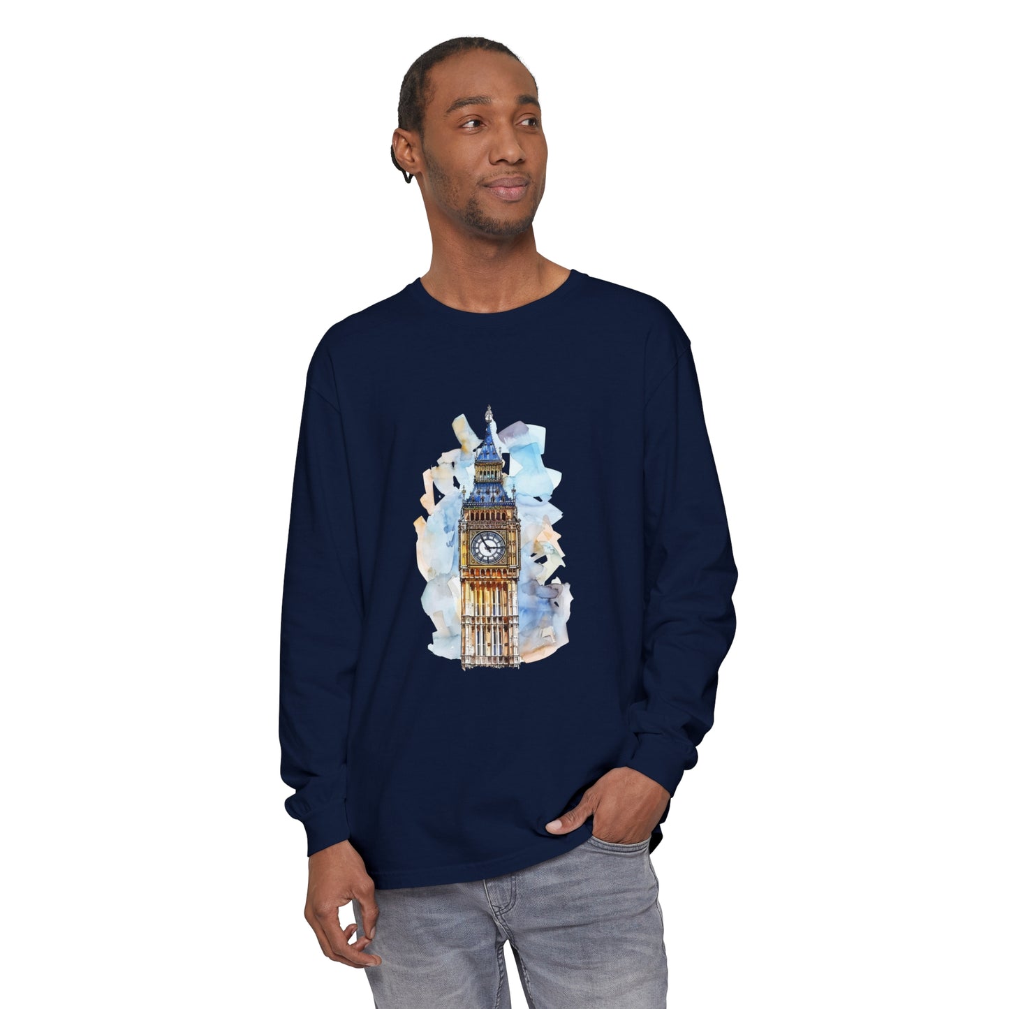 Unisex Garment-dyed Long Sleeve T-Shirt - Iconic Big Ben Clock Tower Design - London Landmark