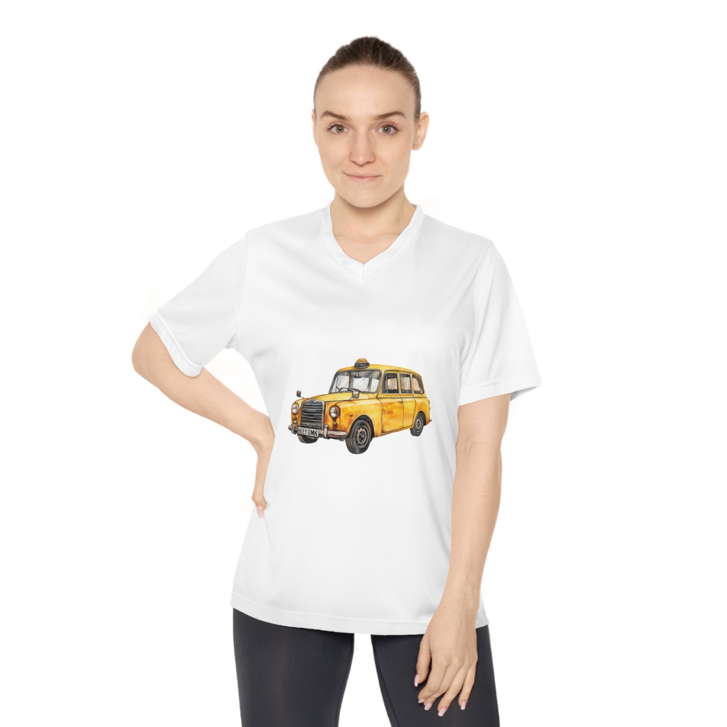 Women's Performance V-Neck T-Shirt - Vintage Yellow Taxi Design - Vintage British Car