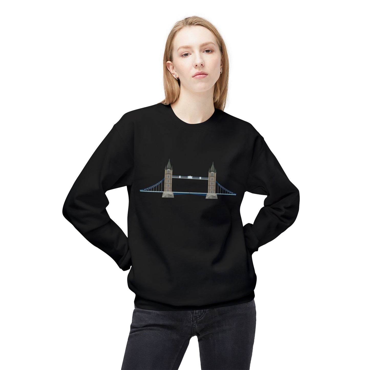 Unisex Midweight Softstyle Fleece Crewneck Sweatshirt - Tower Bridge - Iconic London Landmark Illustration