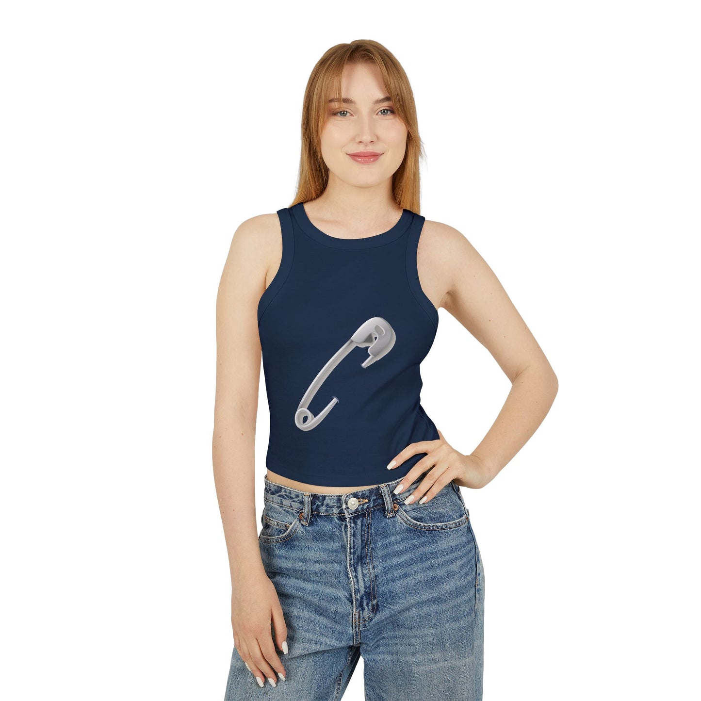 Women's Micro Rib Racer Tank Top - Minimalist Safety Pin Design