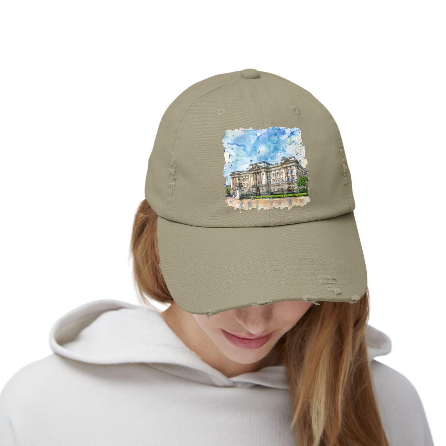 Watercolor Landmark Distressed Cap, Fashion Hat, Streetwear, Travel Gift, Summer Accessory, Vacation Outfit