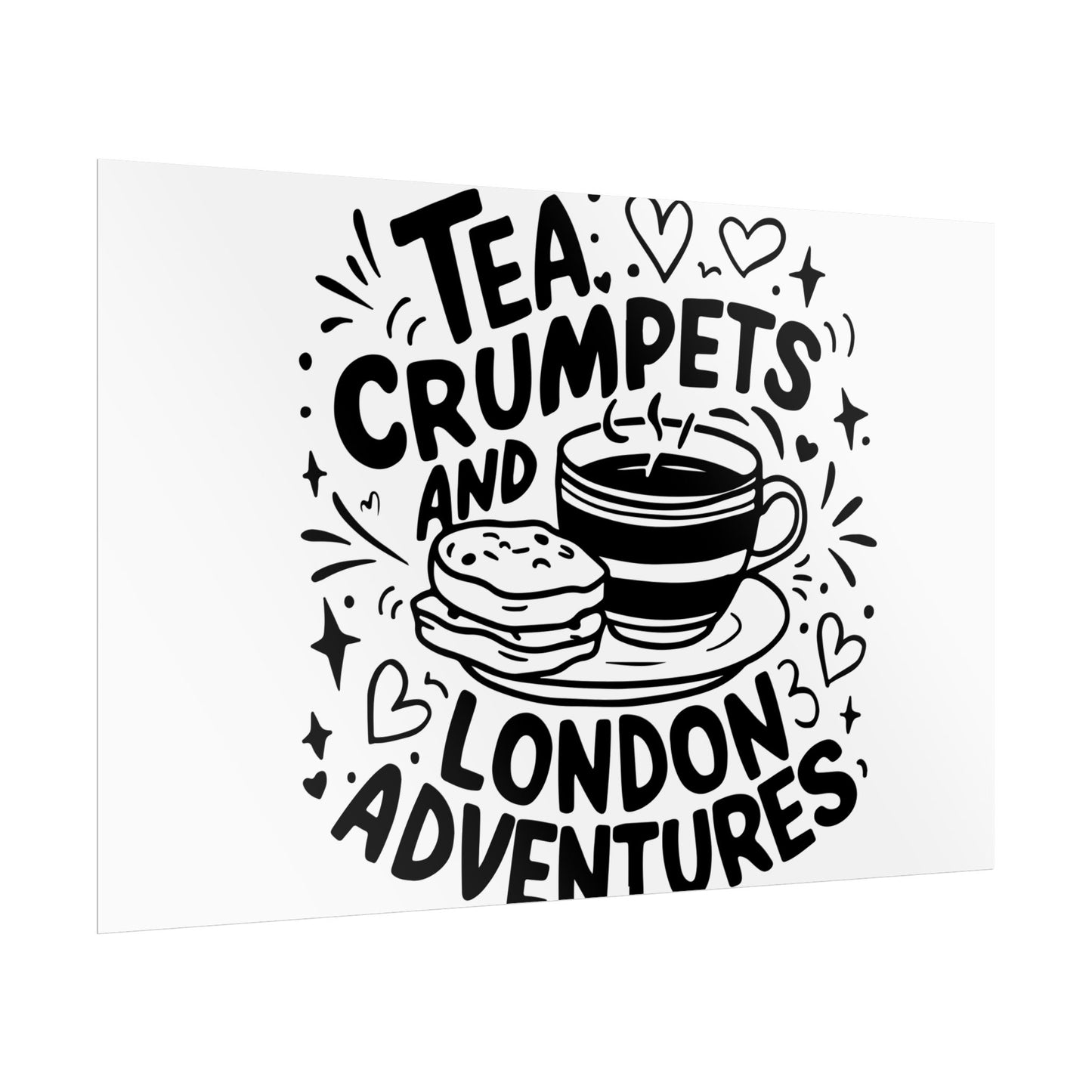 London Adventure Tea Crumpet Rolled Poster, Cute Wall Art, Gift for Tea Lovers, Home Decor, Travel Enthusiasts