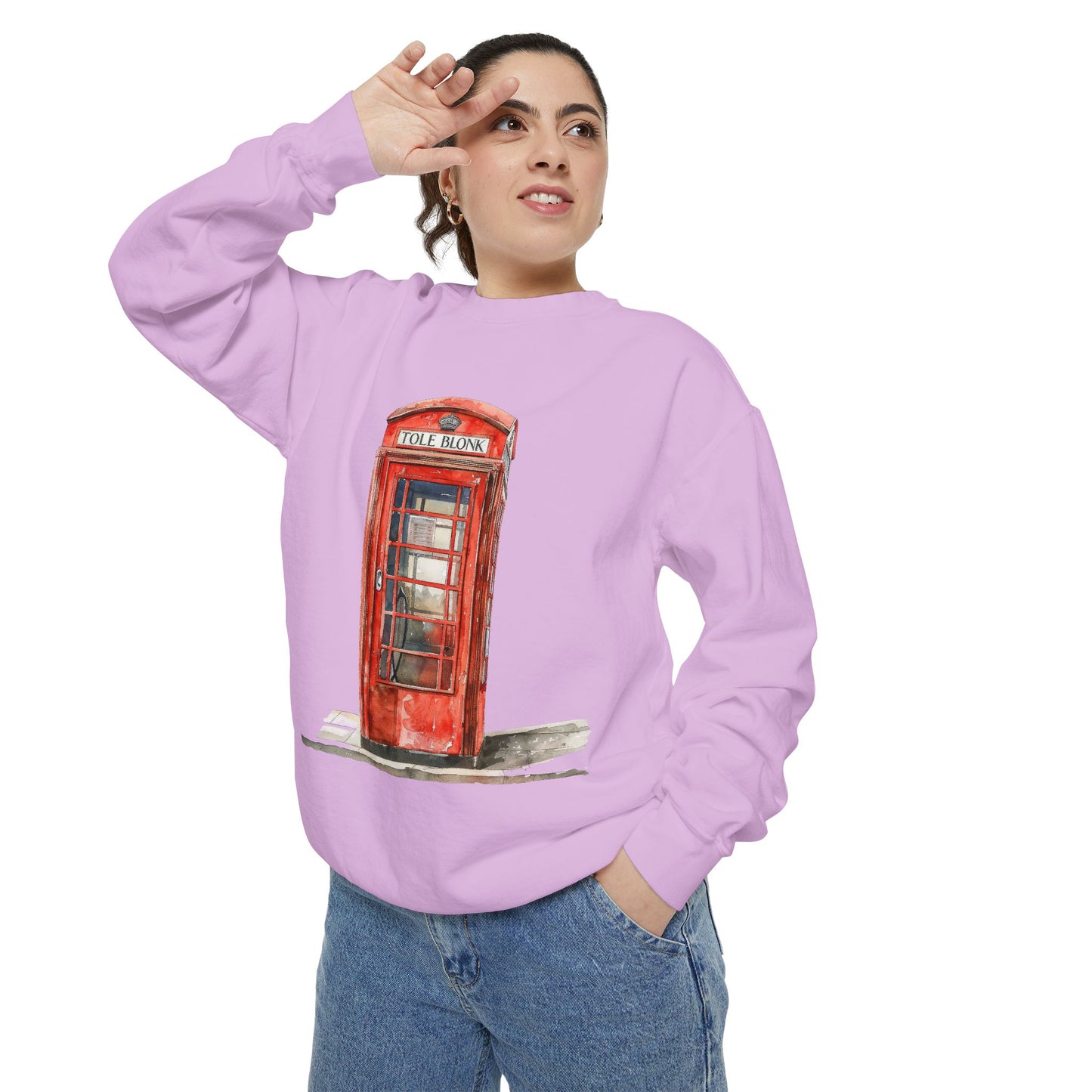 Unisex Garment-Dyed Sweatshirt - Iconic British Public Telephone - Classic Red Phone Box Design