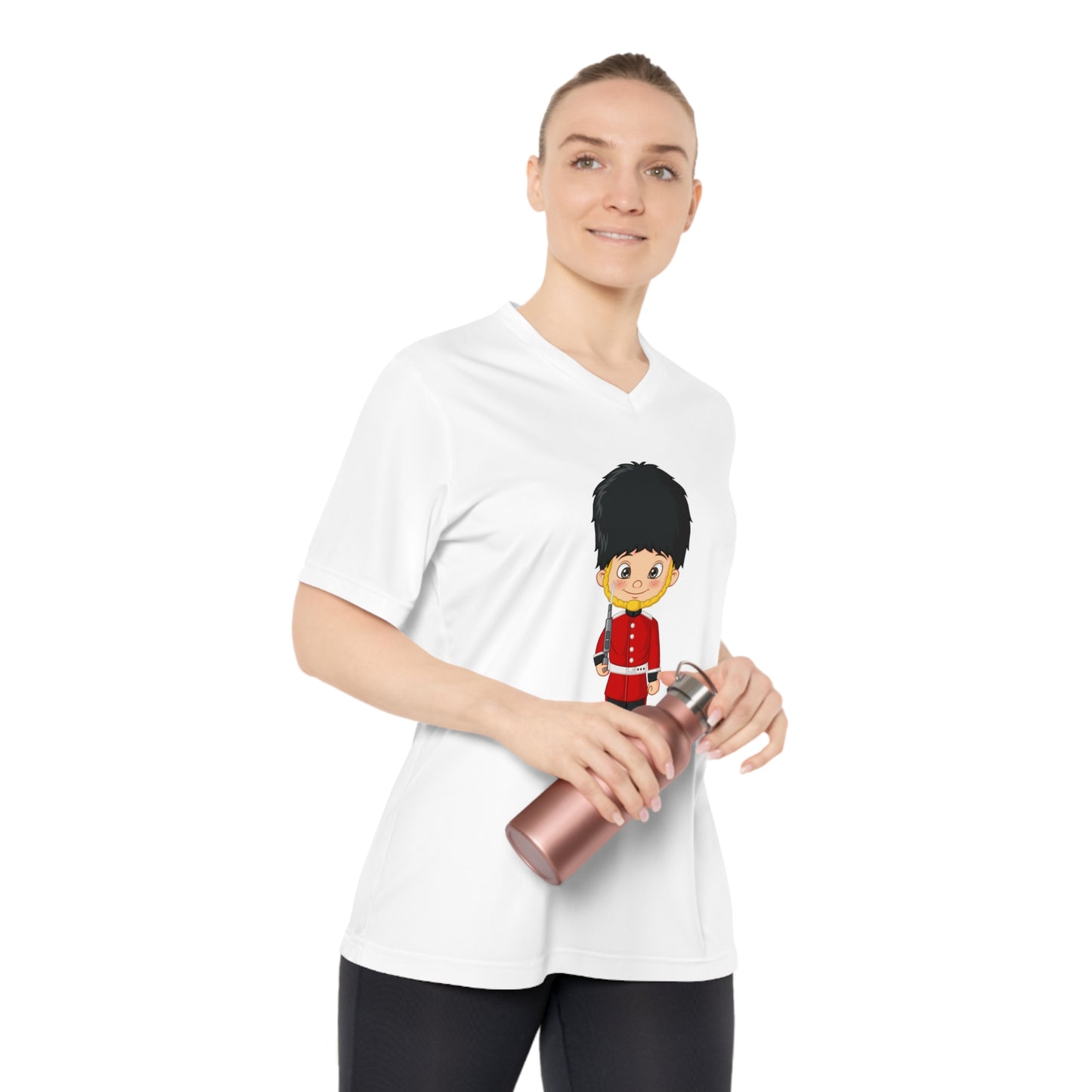 Women's Performance V-Neck T-Shirt - Cartoon Guard Design - British Royal Guard - Iconic Symbol of Tradition and Honor
