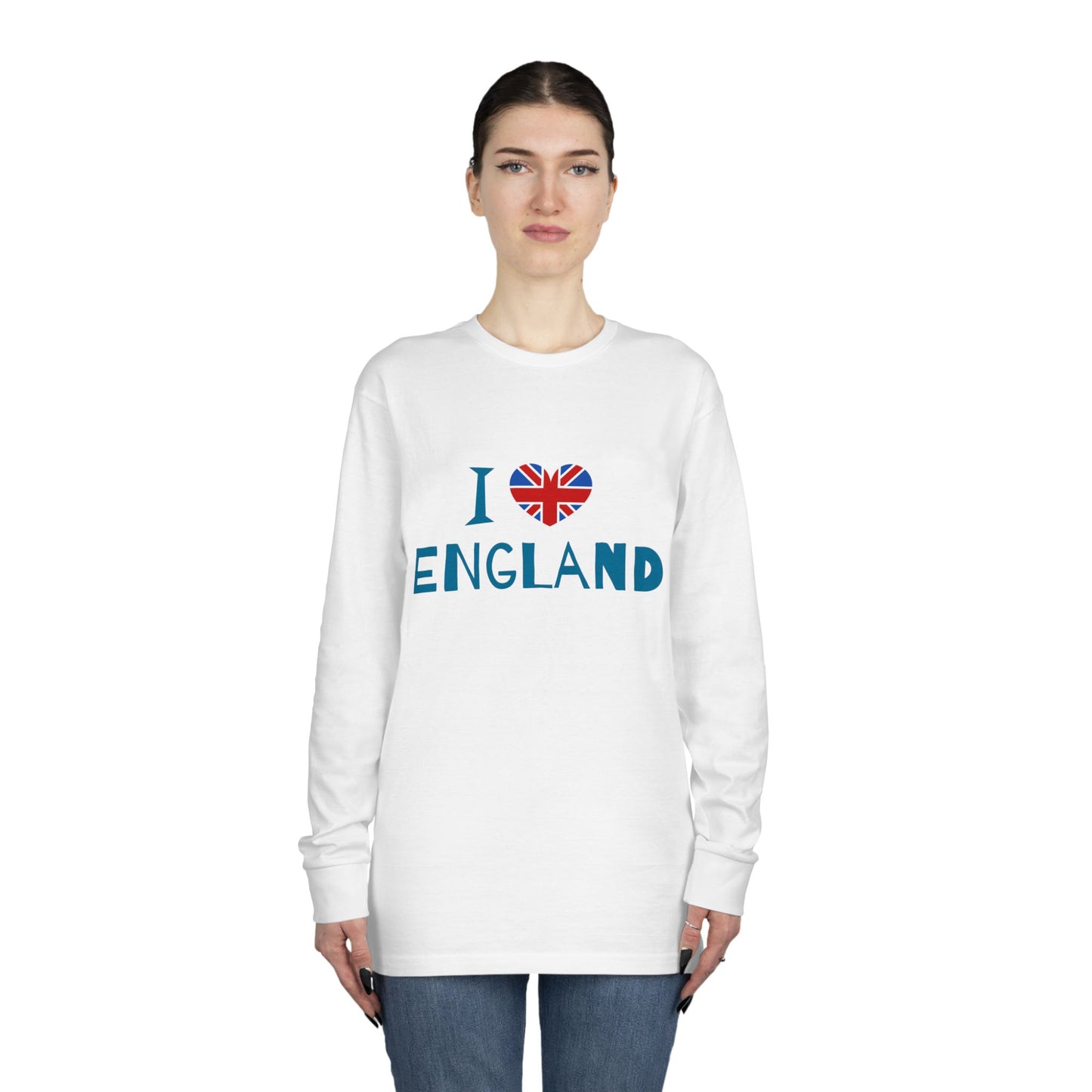 Long Sleeve Crewneck Tee - I Love England - Union Jack Heart Design