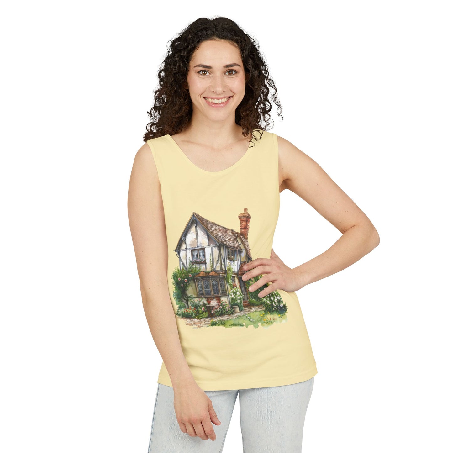 Unisex Garment-Dyed Tank Top - Charming English Cottage Illustration Print