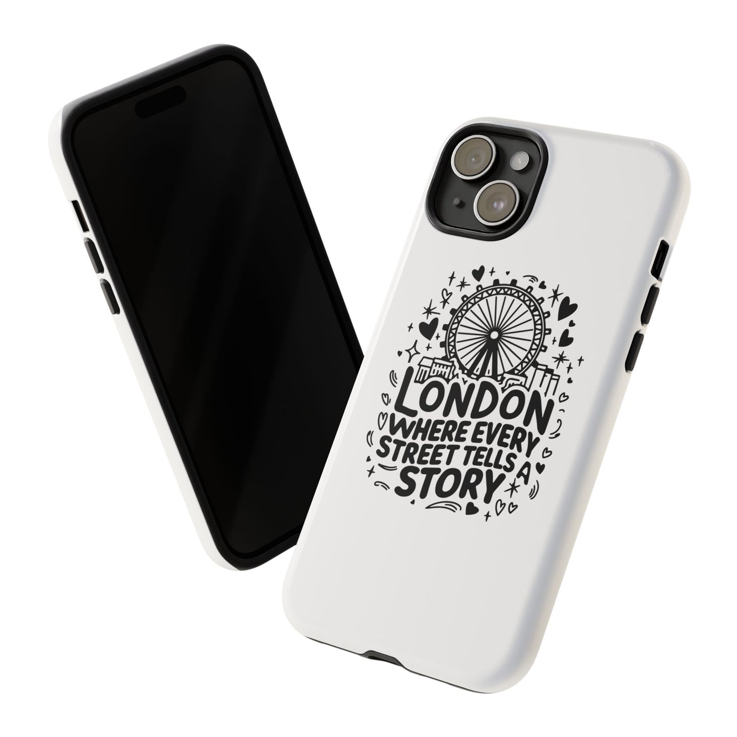 London Story Phone Case, Tough iPhone Cover, Gift for Travelers, London Souvenir, Black Typography Design