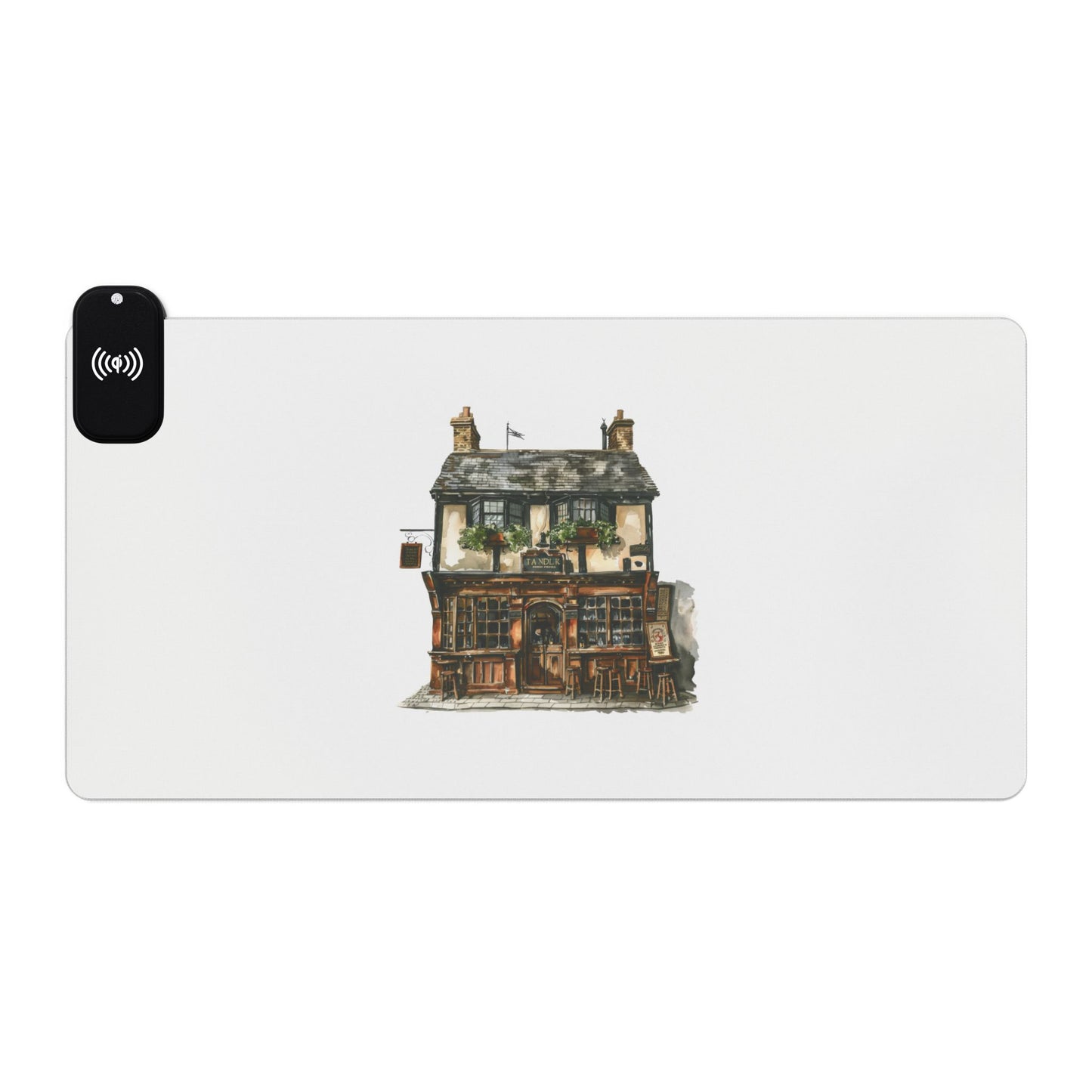 British Pub Exterior – Cozy Local Spot - LED Gaming Mouse Pad with Wireless Charging Station, Gamer Essentials, Desk Accessories, Tech Gifts, Modern Workspace