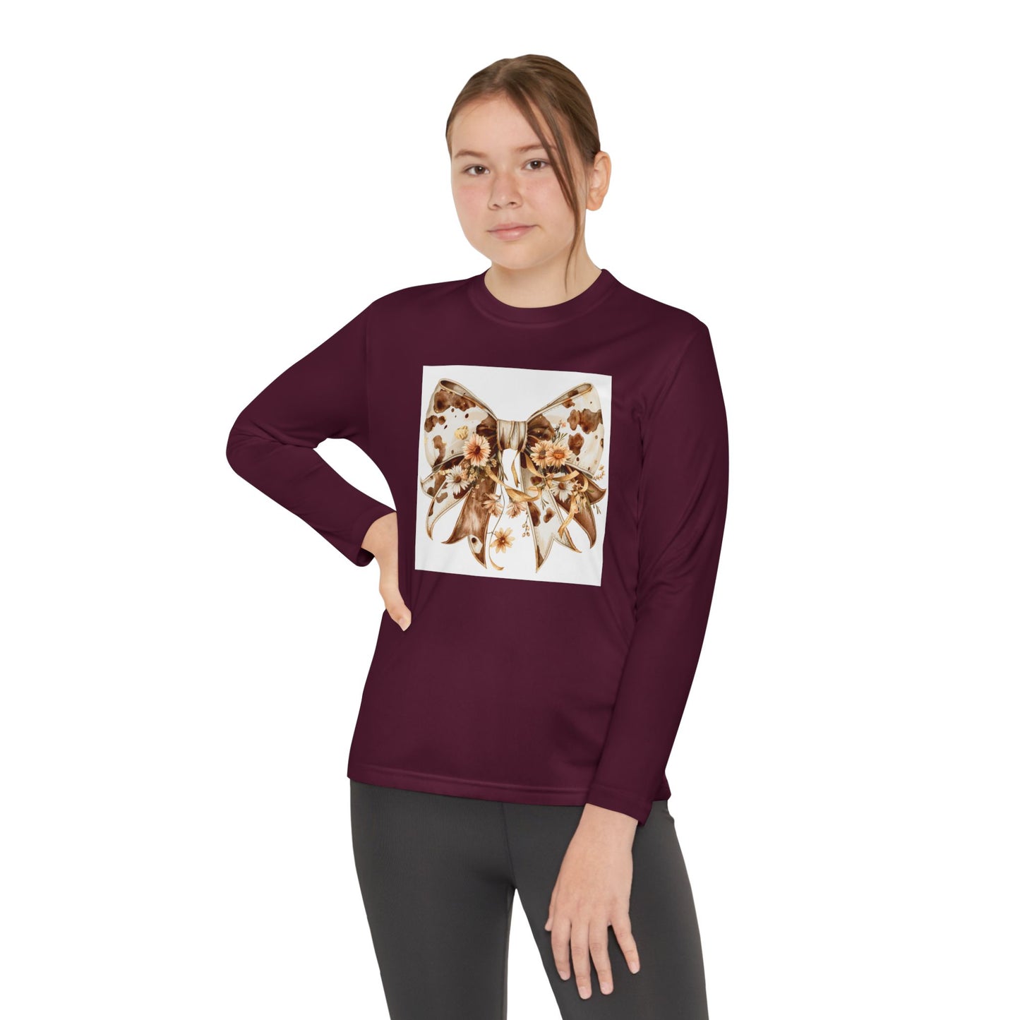 Youth Long Sleeve Tee - Western Cow Print Bow with Floral Accents Clipart - Stylish & Comfortable