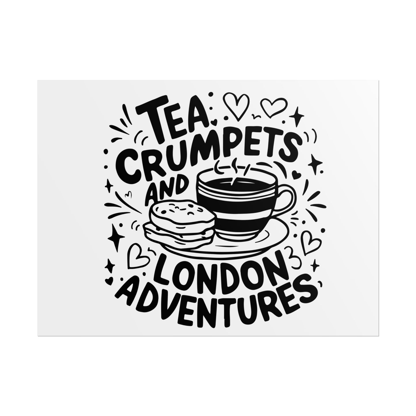 London Adventure Tea Crumpet Rolled Poster, Cute Wall Art, Gift for Tea Lovers, Home Decor, Travel Enthusiasts