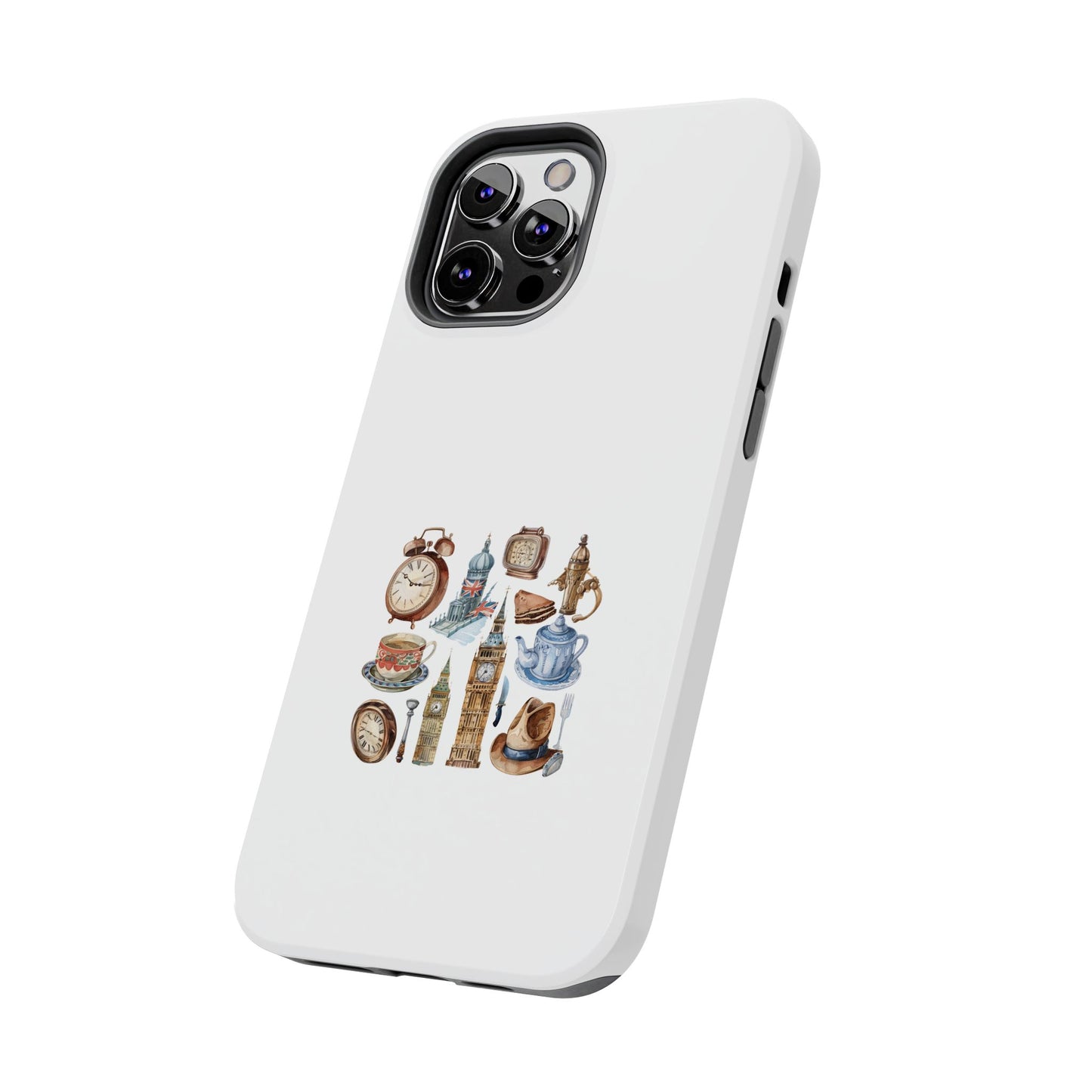 London-Themed Tough Phone Case | Vintage Clock & Tea Design