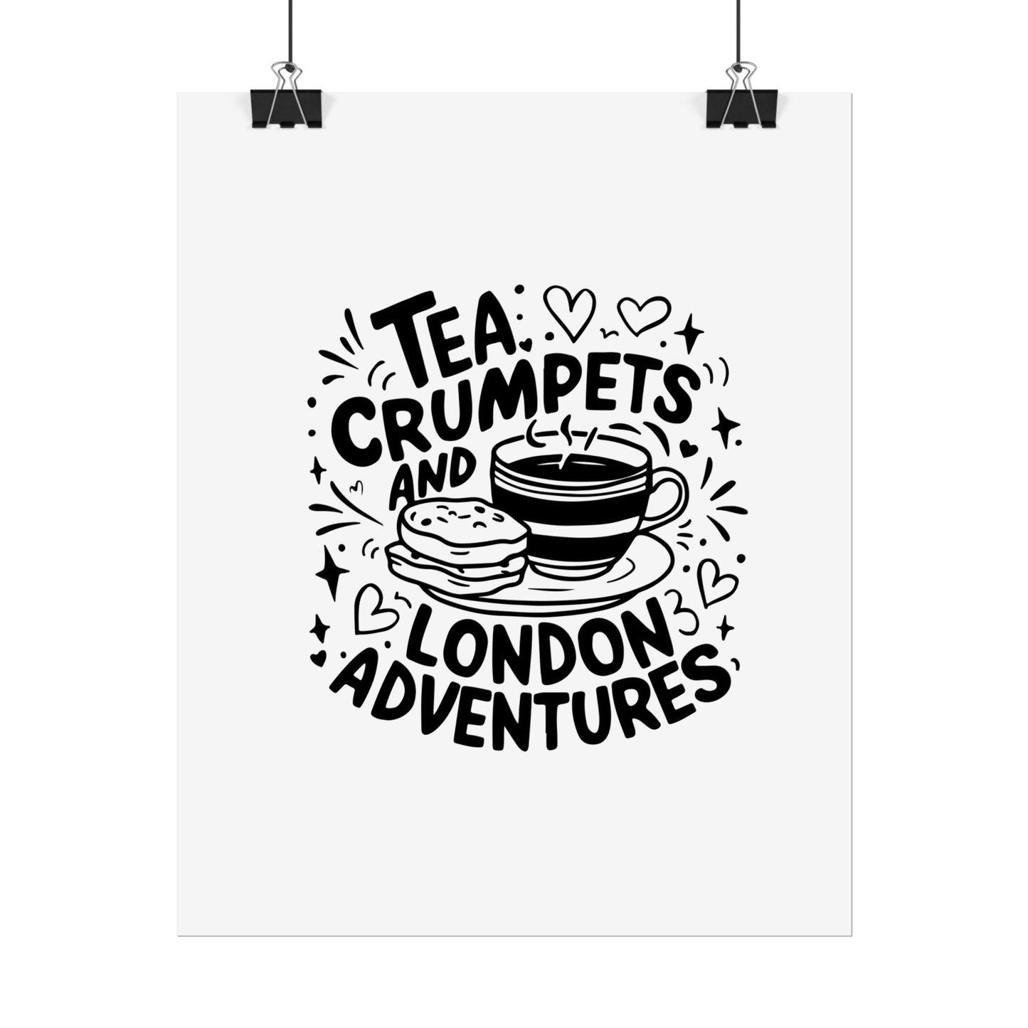 London Adventure Tea Crumpet Rolled Poster, Cute Wall Art, Gift for Tea Lovers, Home Decor, Travel Enthusiasts