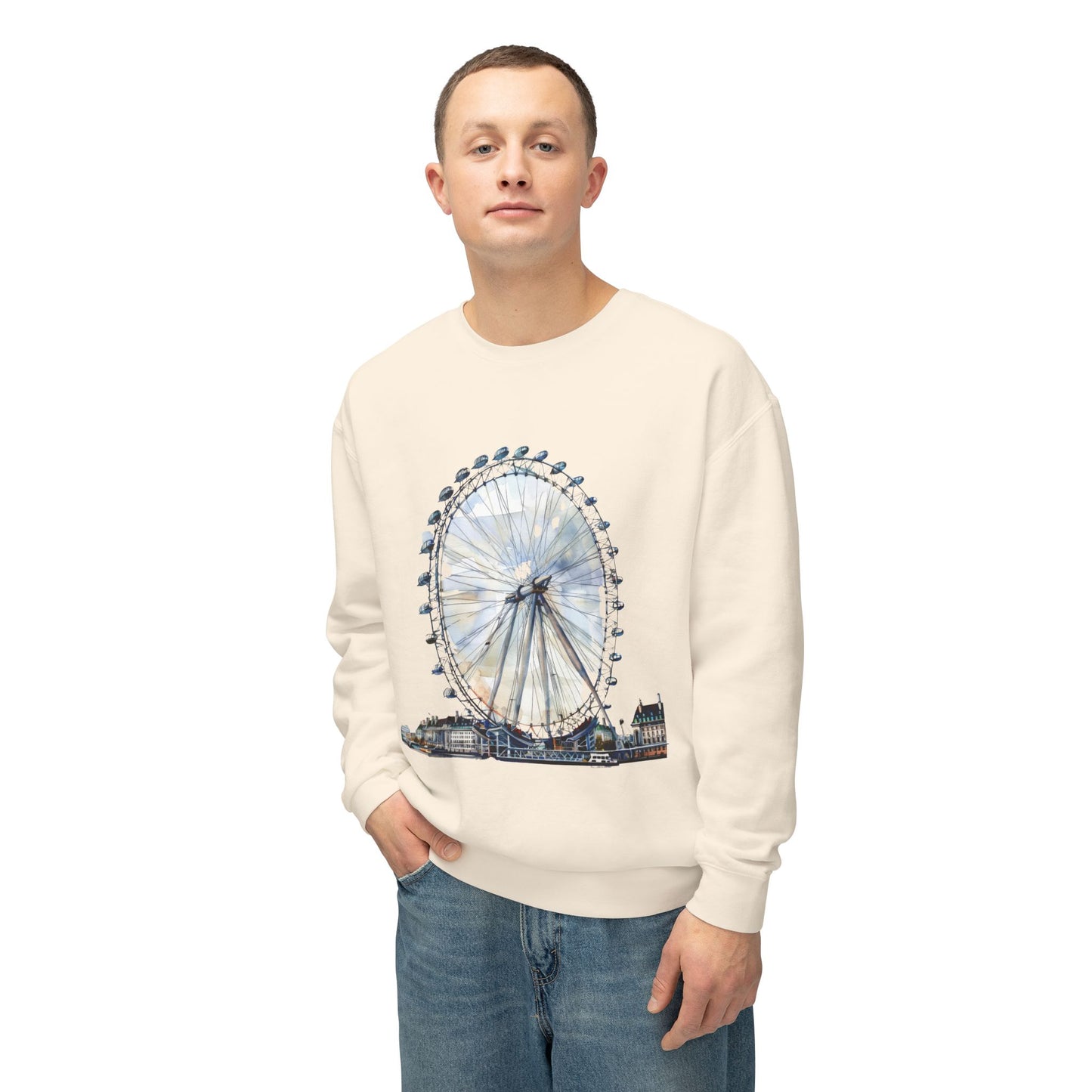 Unisex Lightweight Crewneck Sweatshirt - London Eye - Iconic Ferris Wheel Watercolor Art