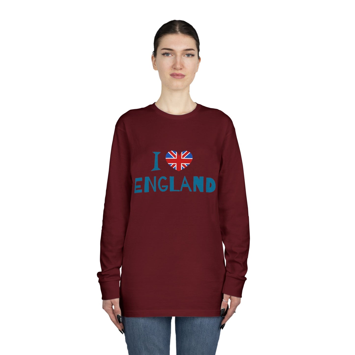 Long Sleeve Crewneck Tee - I Love England - Union Jack Heart Design