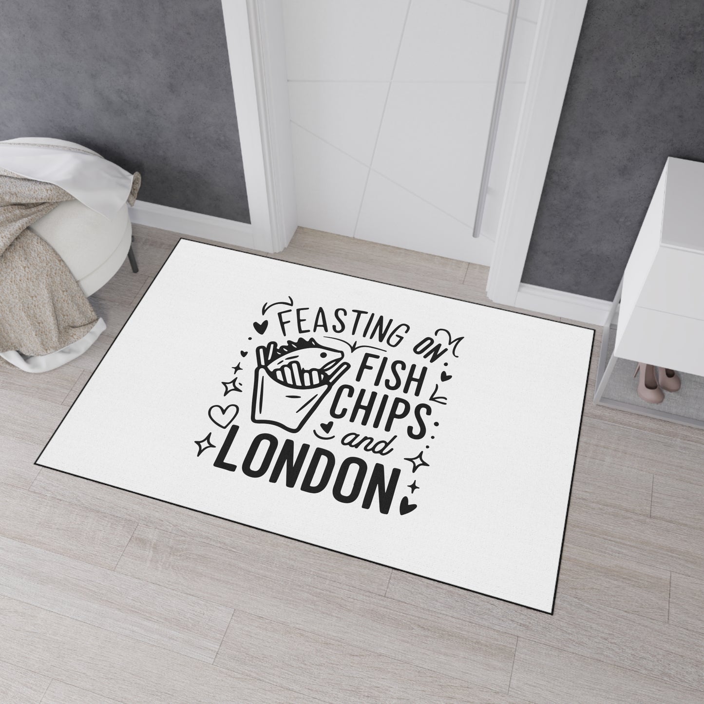 Feasting on Fish and Chips Floor Mat | Kitchen Decor | Home Welcome Mat | Fun Doormat | Gift for Fish Lovers | London-Themed Decor