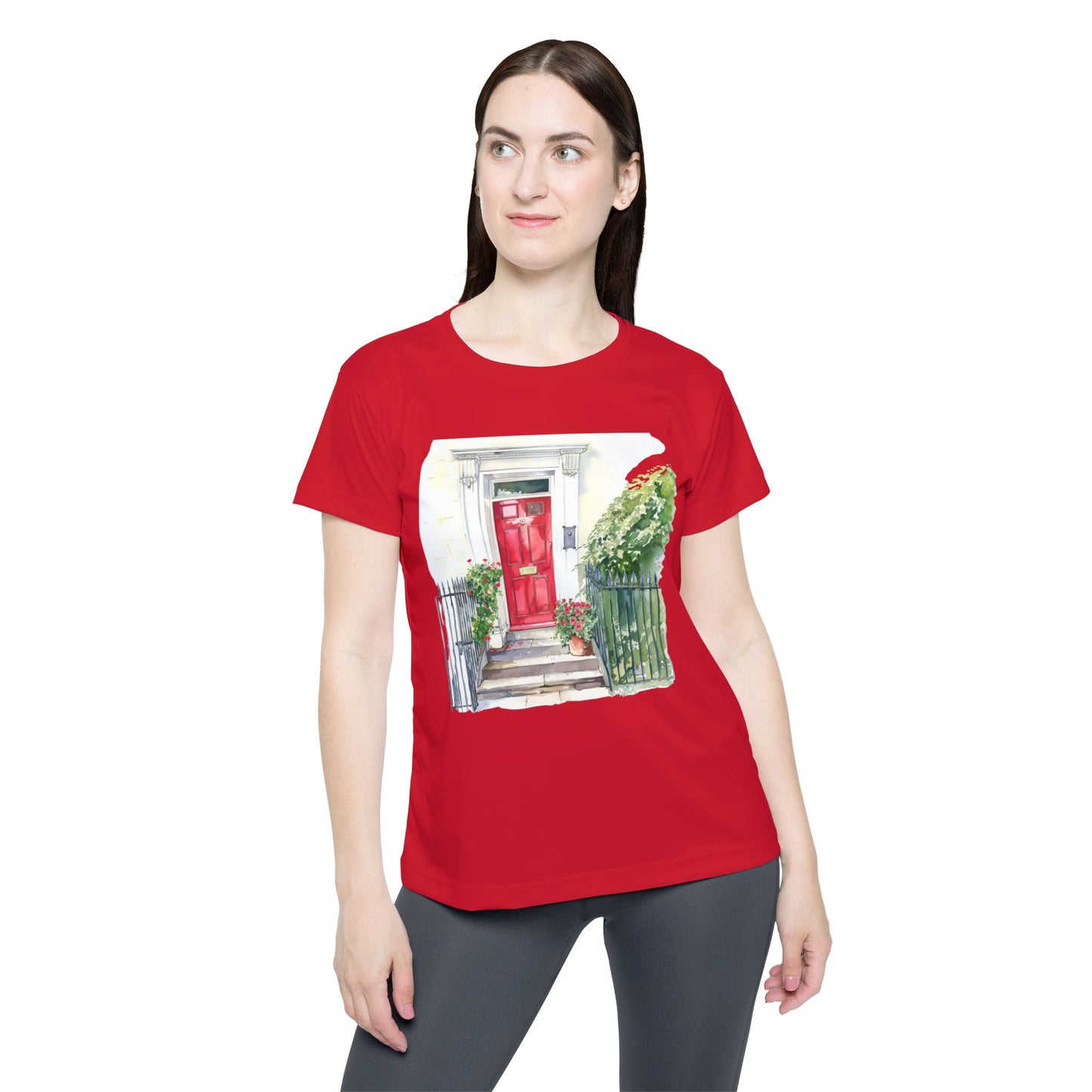 Women's Sports Jersey - Vibrant Artistic Red Door Design - British Nature - Scenic Landscapes and Natural Beauty