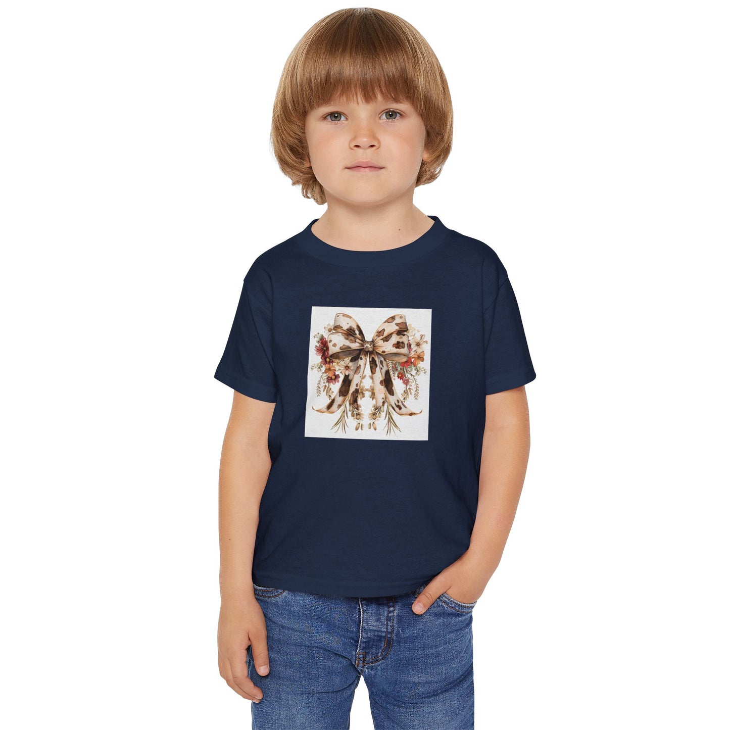 Toddler T-Shirt - Rustic Cow Print Bow with Gold Accents and Flowers - Cute & Stylish Kids Apparel