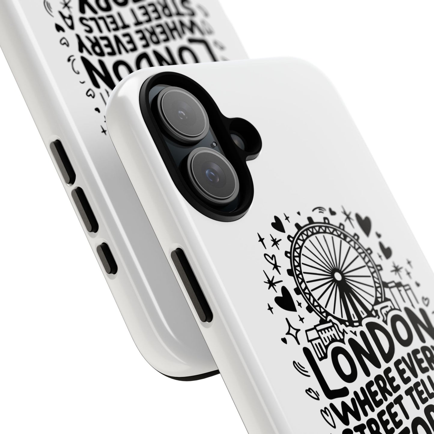London Story Phone Case, Tough iPhone Cover, Gift for Travelers, London Souvenir, Black Typography Design