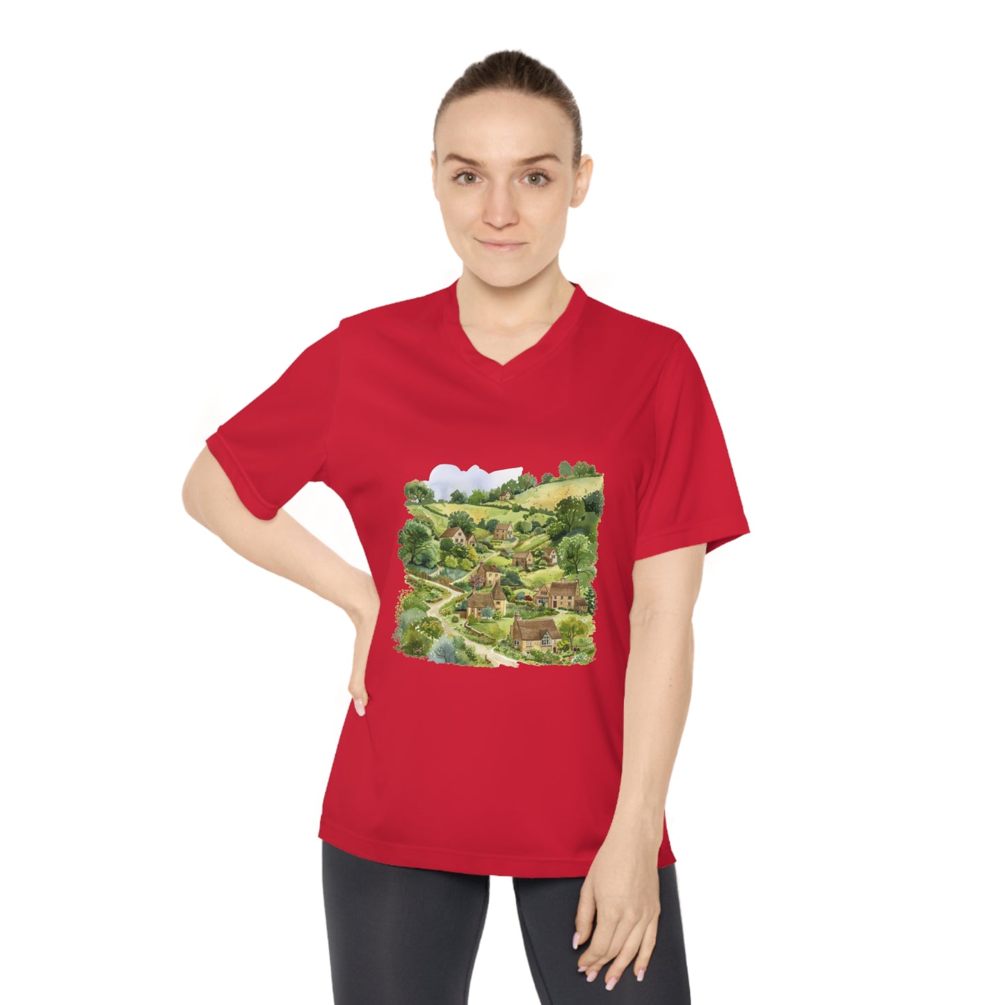 Women's Performance V-Neck T-Shirt - Cozy Countryside Design for Nature Lovers
