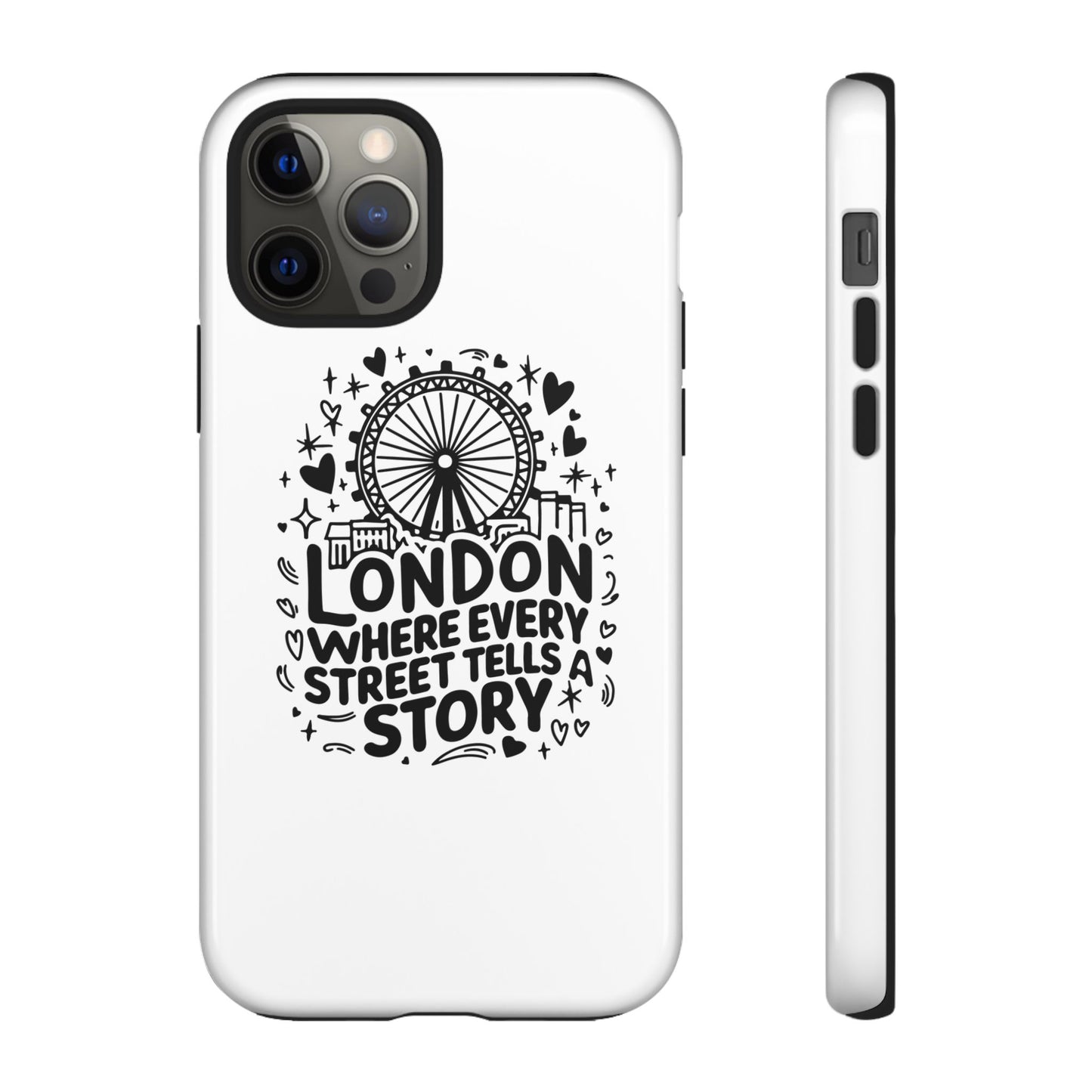 London Story Phone Case, Tough iPhone Cover, Gift for Travelers, London Souvenir, Black Typography Design