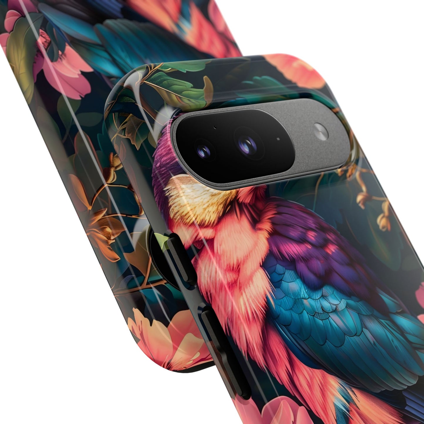 Vibrant Phone Case, Tropical Bird Design, Tough Phone Cover, Floral Tech Accessory, Gift for Nature Lovers